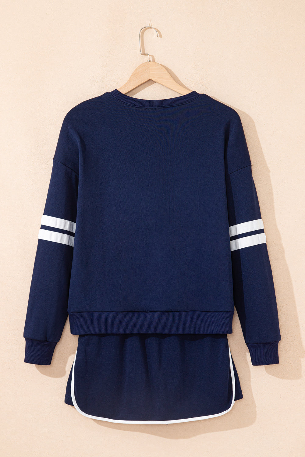 Navy Blue Varsity Stripe Detail Drop Shoulder Pullover Mini Skort Set
