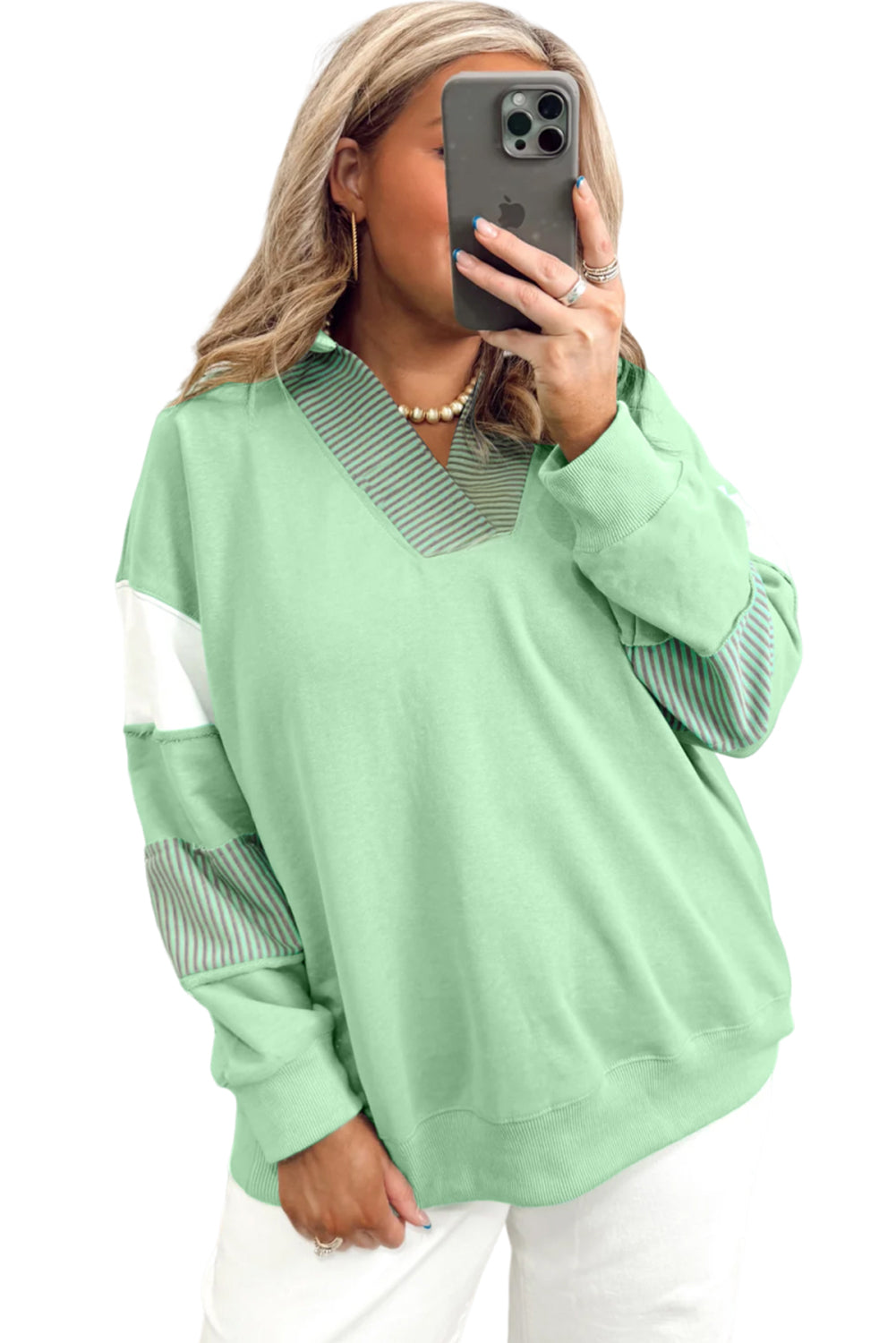 Moonlight Jade Colorblock Striped Patchwork Collar V Neck Plus Size Sweatshirt