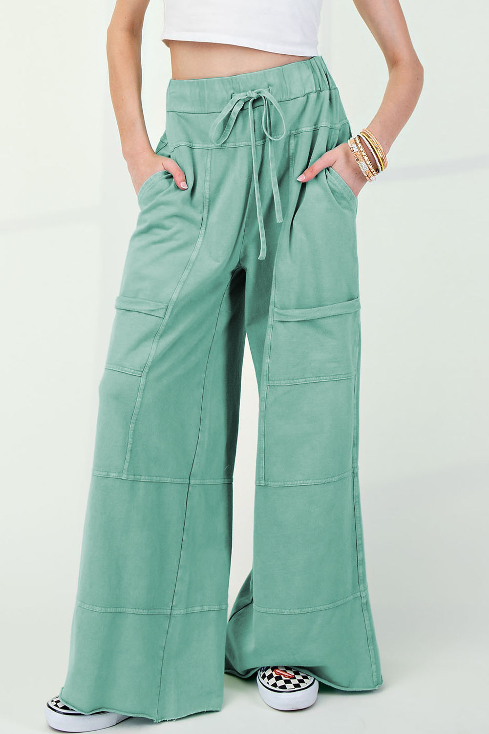 Mint Green Mineral Wash Exposed Seam Drawstring High Waist Wide Leg Cargo Pants