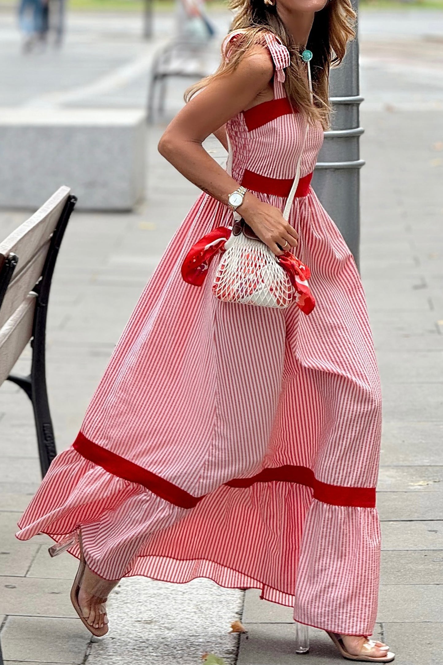 Red Stripe Bow Knot Straps Contrast Trim High Waist Ruffle Hem Maxi Dress