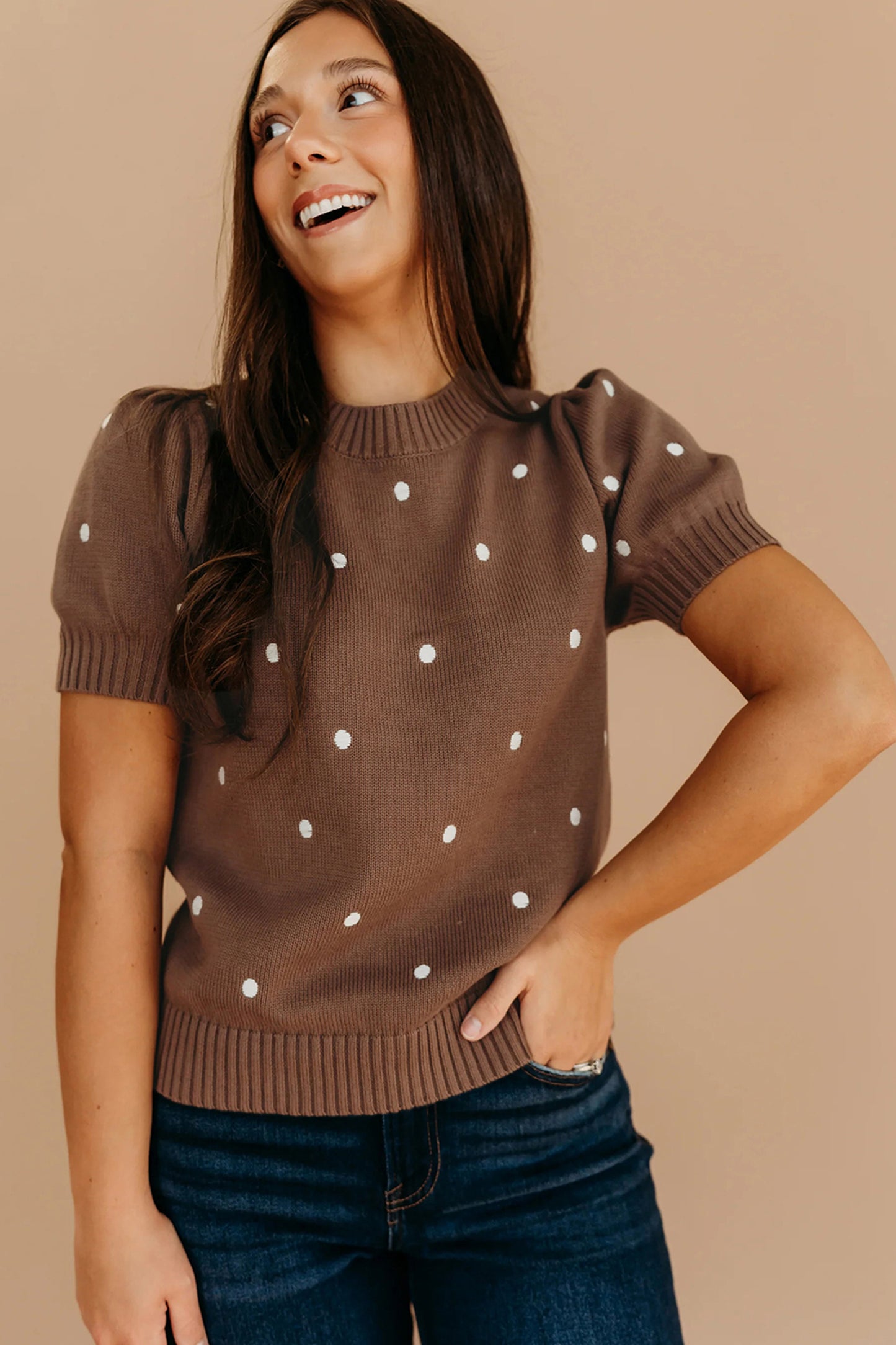 Chestnut Elegant Polka Dot Bubble Short Sleeve Sweater