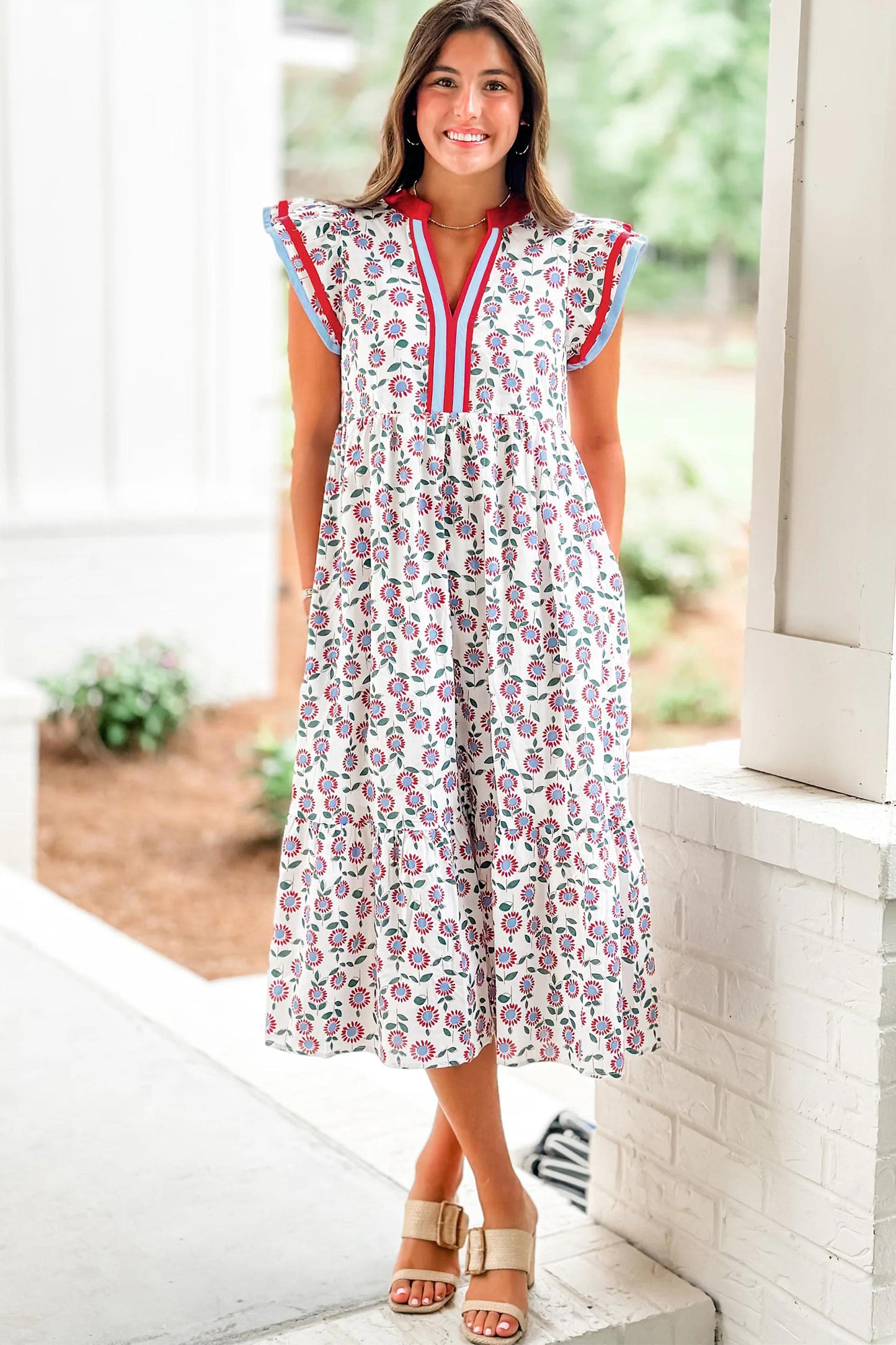 Red Cute Sunflower Printed Striped Patchwork Trim Flutter Sleeve Long Dress