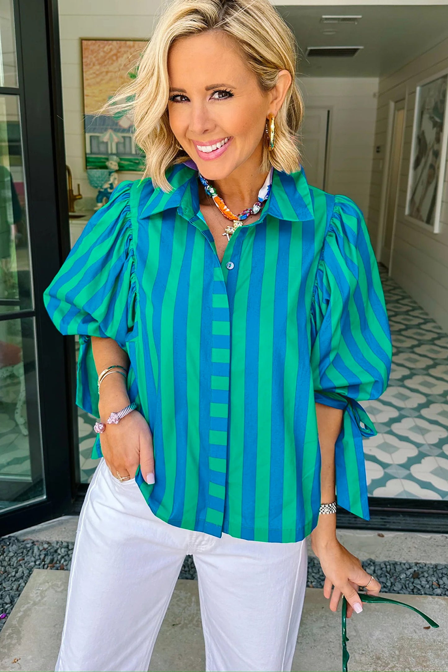 Red Stripe Tie Puff Sleeve Womens Button Down Shirt