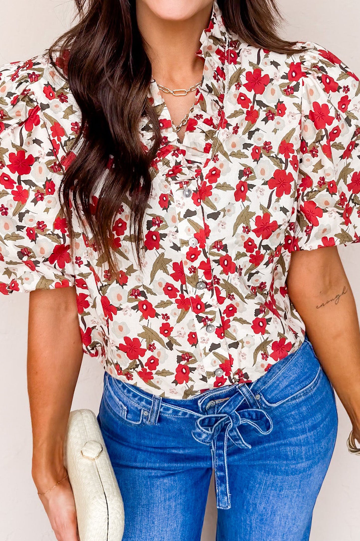 Red Floral Print Short Puff Sleeve Button Front Shirt