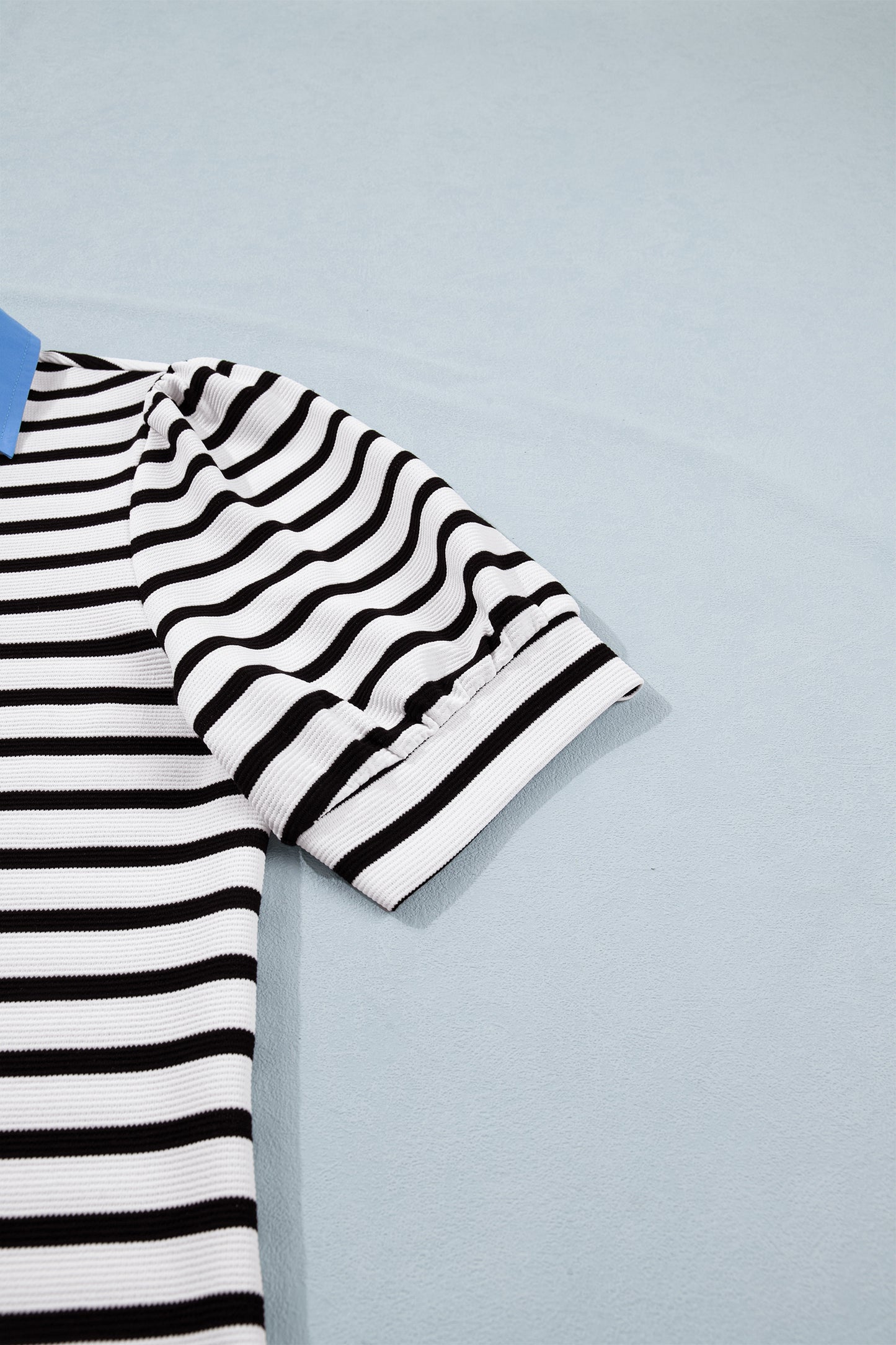 Blue Stripe Short Puff Sleeve Color Block Polo Collar Blouse