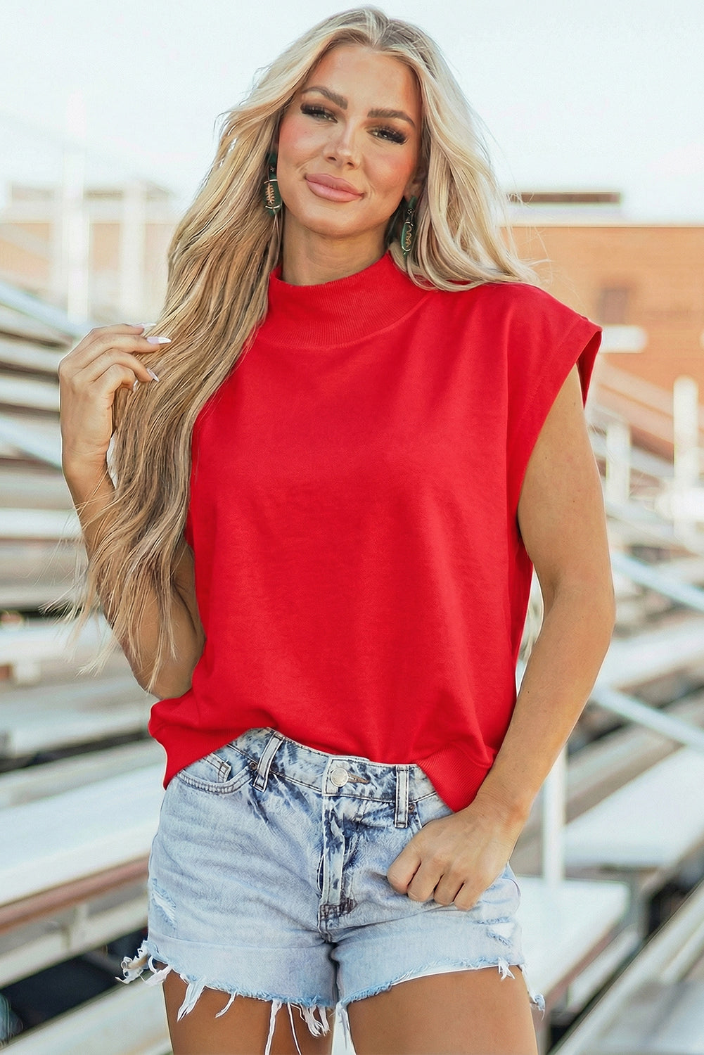 White Solid Color High Neck Cap Sleeve Loose Top