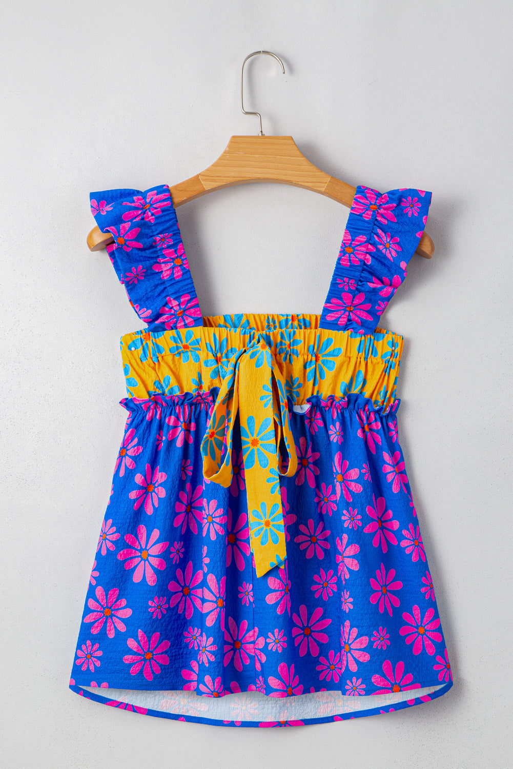 Blue Flower Colorblock Smocked Flutter Straps Flowy Top