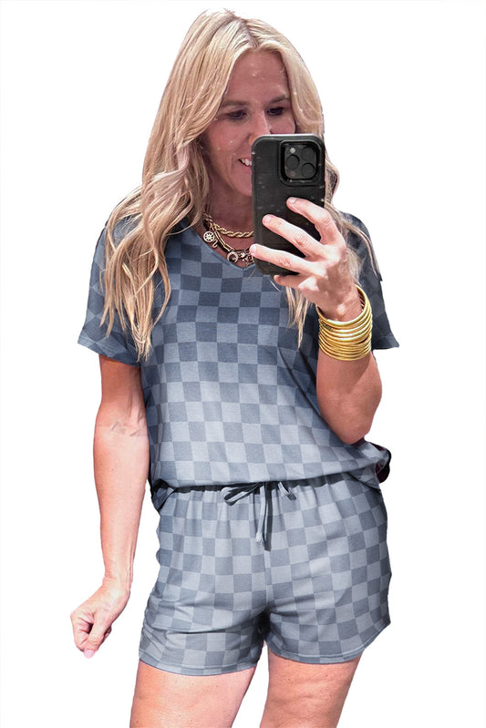 Gray Checkered V Neck Tee and Drawstring Shorts Pajama Set