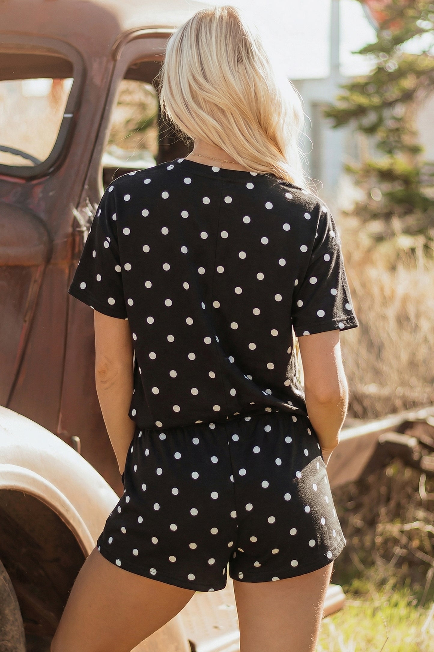 Yellow Exposed Seam Detail Polka Dot Loose Tee Drawstring Shorts Set