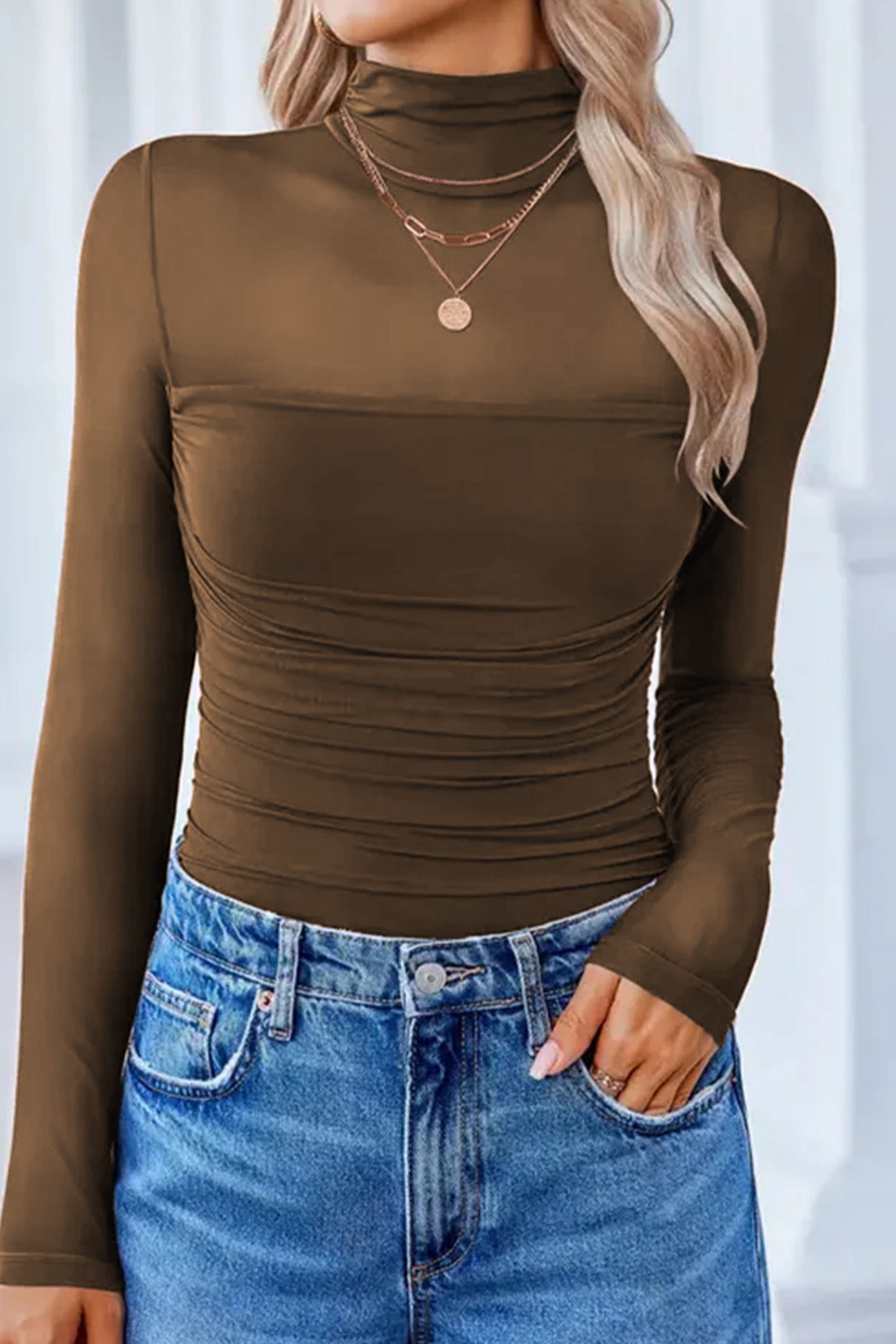 Fiery Red Sheer Mesh Patchwork High Neck Long Sleeve Top