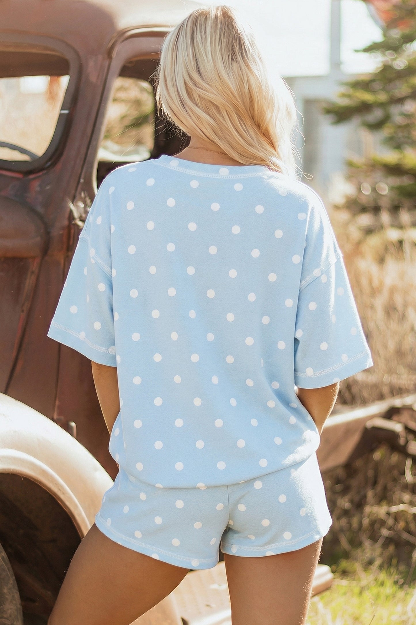 Yellow Exposed Seam Detail Polka Dot Loose Tee Drawstring Shorts Set
