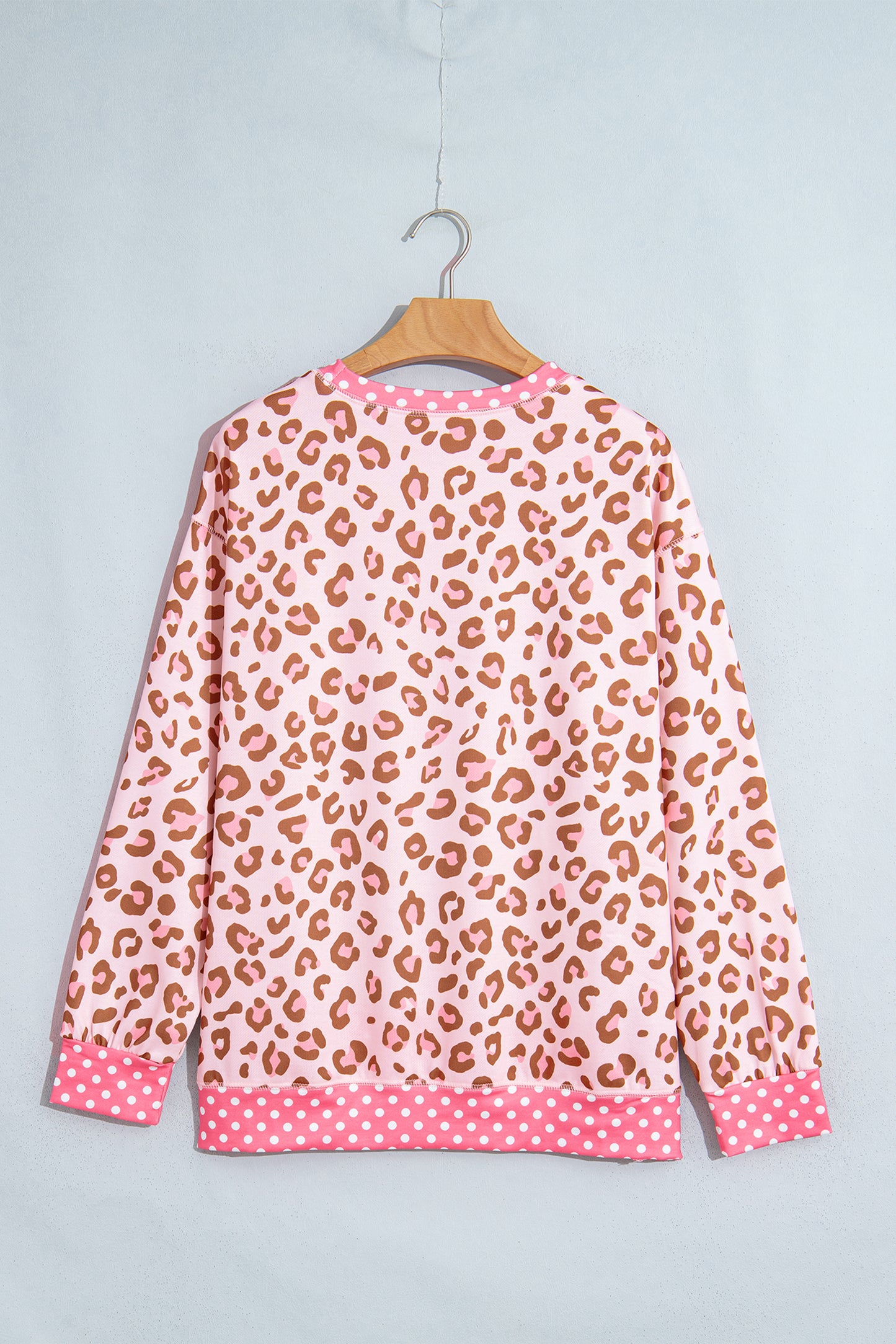 Khaki Leopard Polka Dot Colorblock Trim Long Sleeve Top