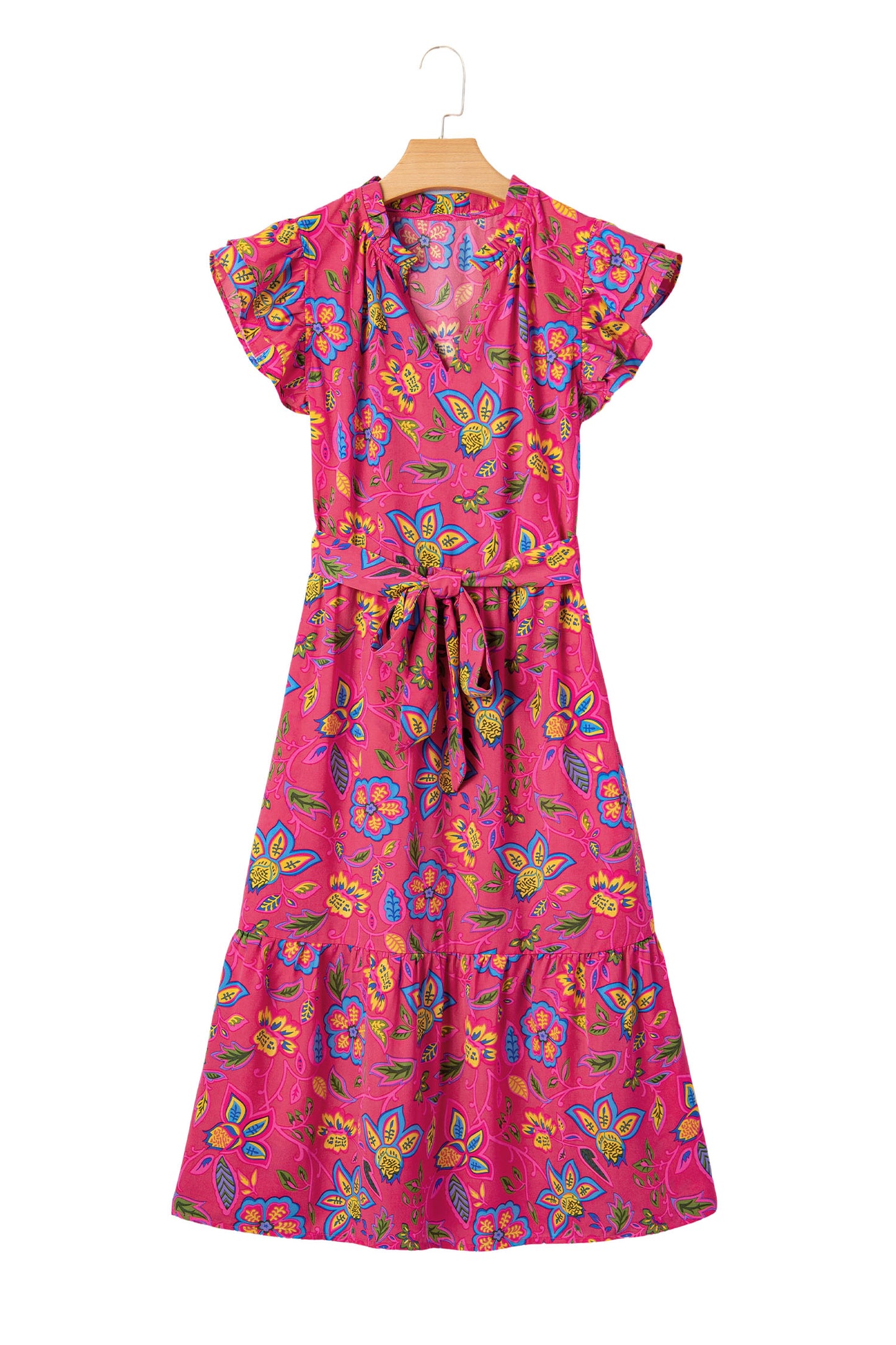 Rose Flutter Sleeve Belted Floral Long Dress