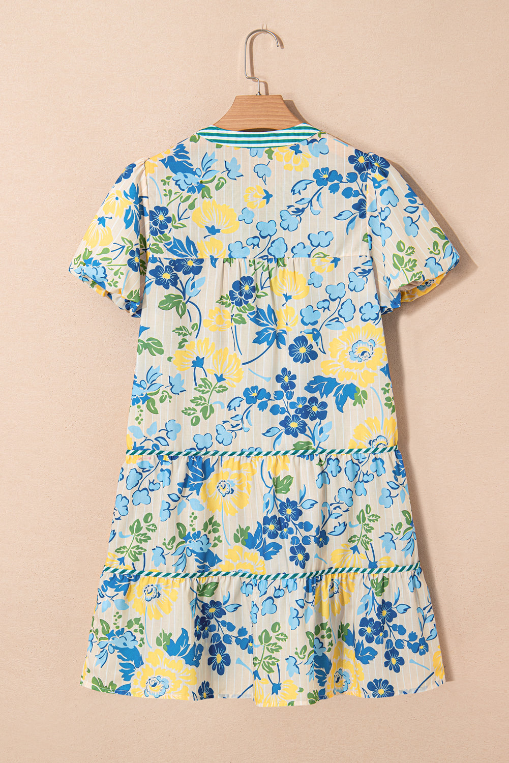 Blue Floral Print Striped Trim Puff Sleeve Mini Dress