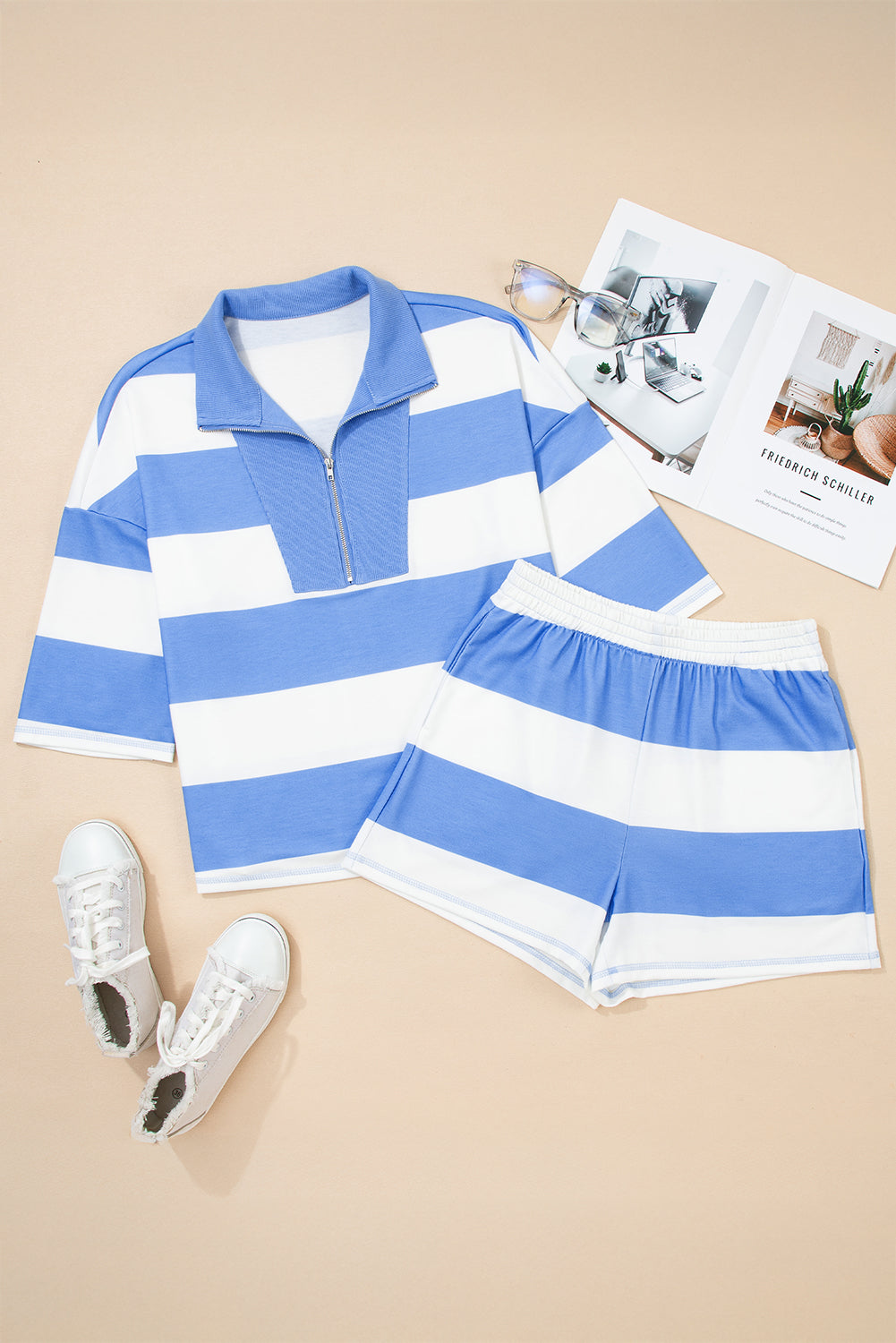 Pink Seam Detail Half Zip Tee Casual Shorts 2pcs Set