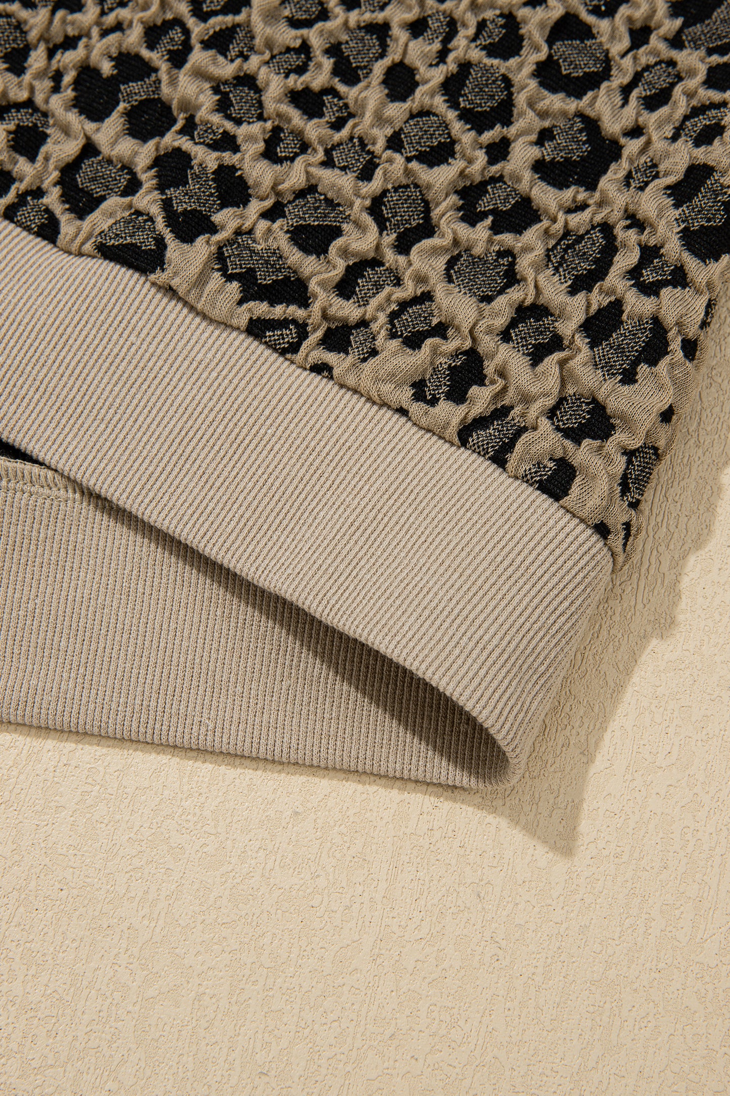 Beige Ribbed Patchwork Collar Cuffed Sleeve Leopard Plus Top