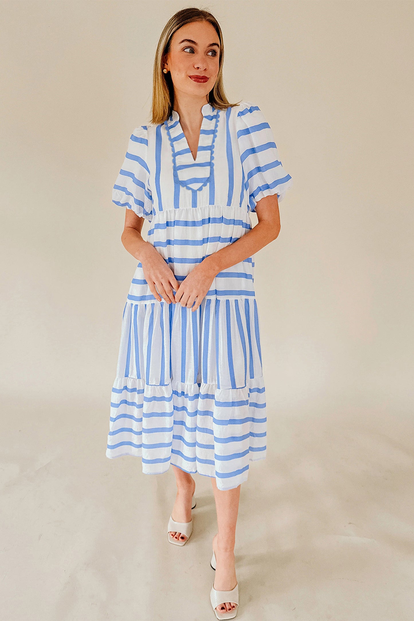 Sky Blue Stripe Ricrac Trim Notched Neck Half Sleeve Vacation Dress