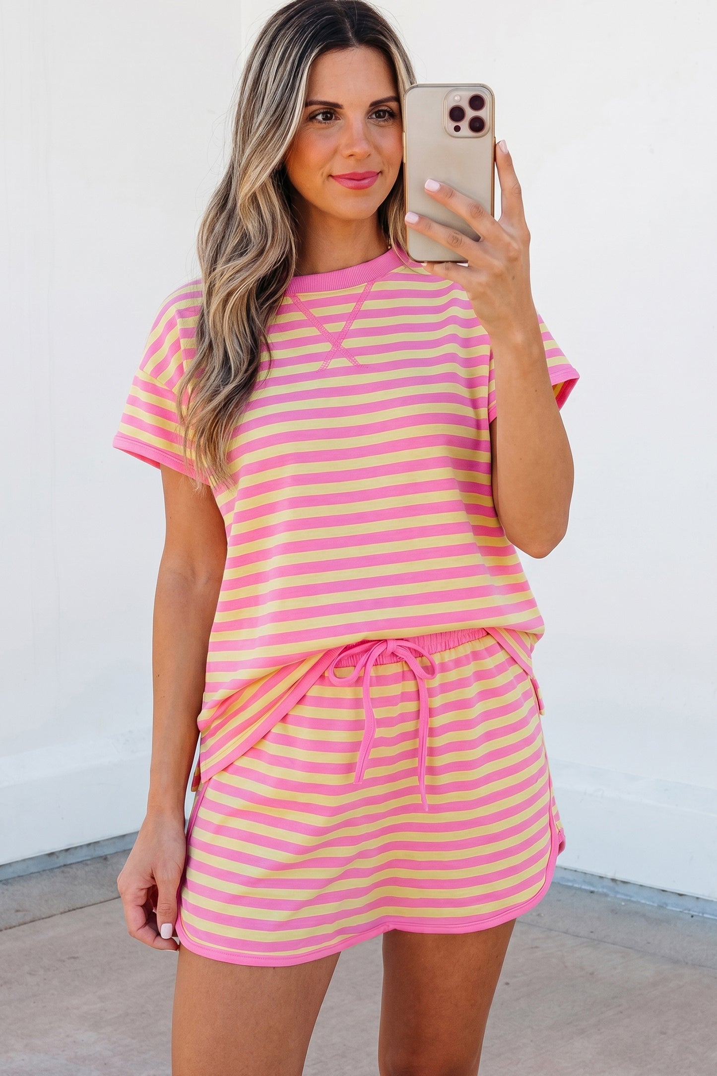 Blue Stripe Loose Short Sleeve Top and Skirt Set