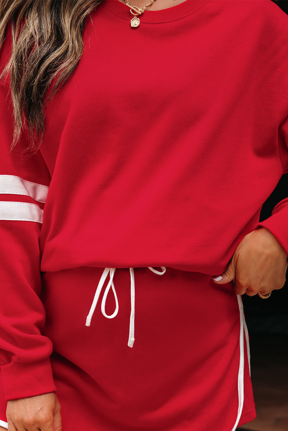 Fiery Red Varsity Stripe Detail Drop Shoulder Pullover Mini Skort Set