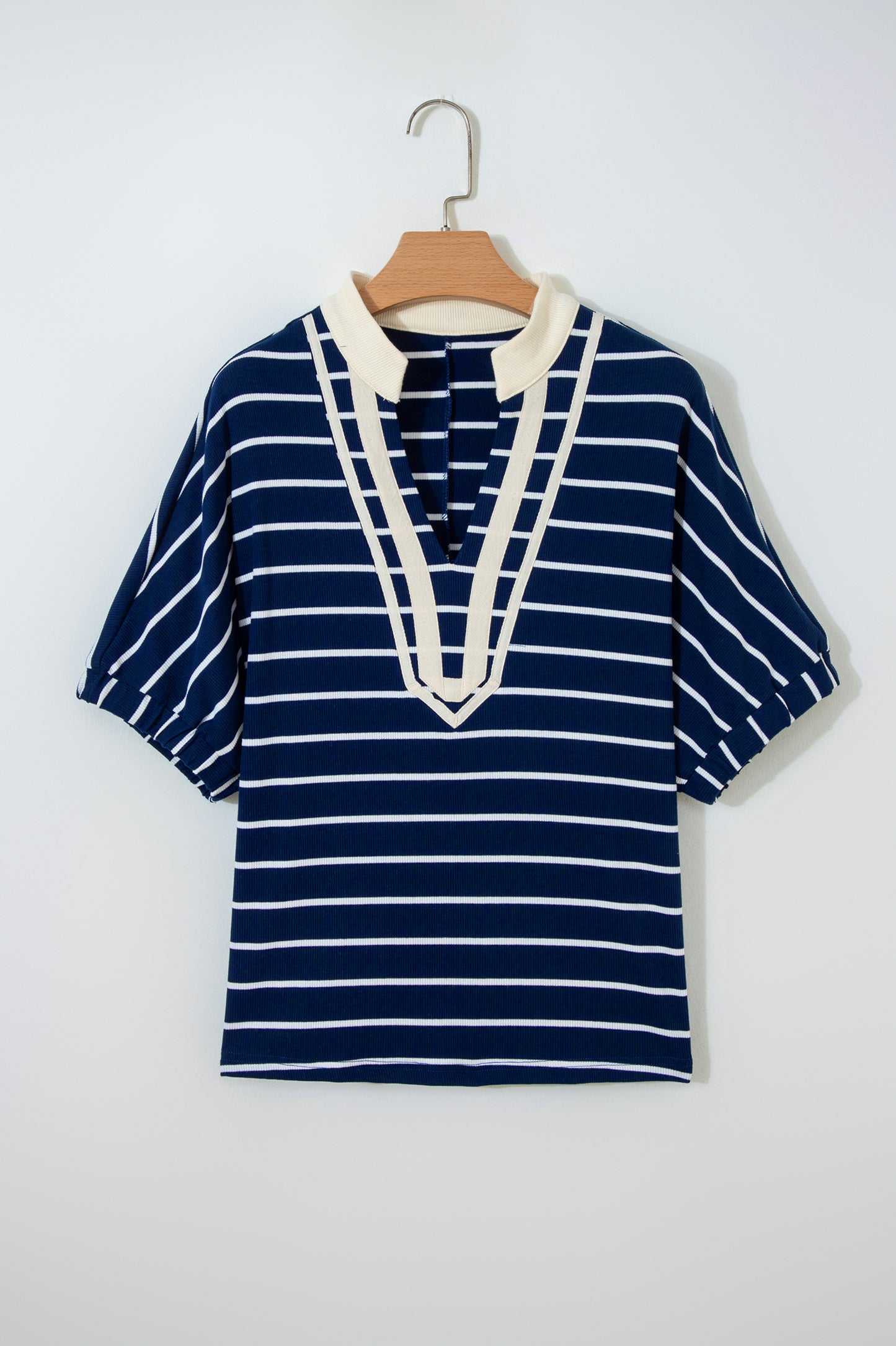 Blue Stripe Stand Collar V Neck Elastic Cuffs Half Sleeve Dolman Top