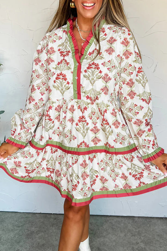 Pink Floral Print Contrast Trim Frilled Neck Long Sleeve Flared Dress