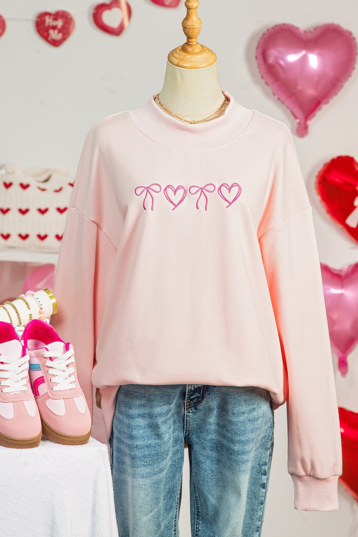 Apricot Pink Valentines Bow Heart Embroidered Mock Neck Sweatshirt