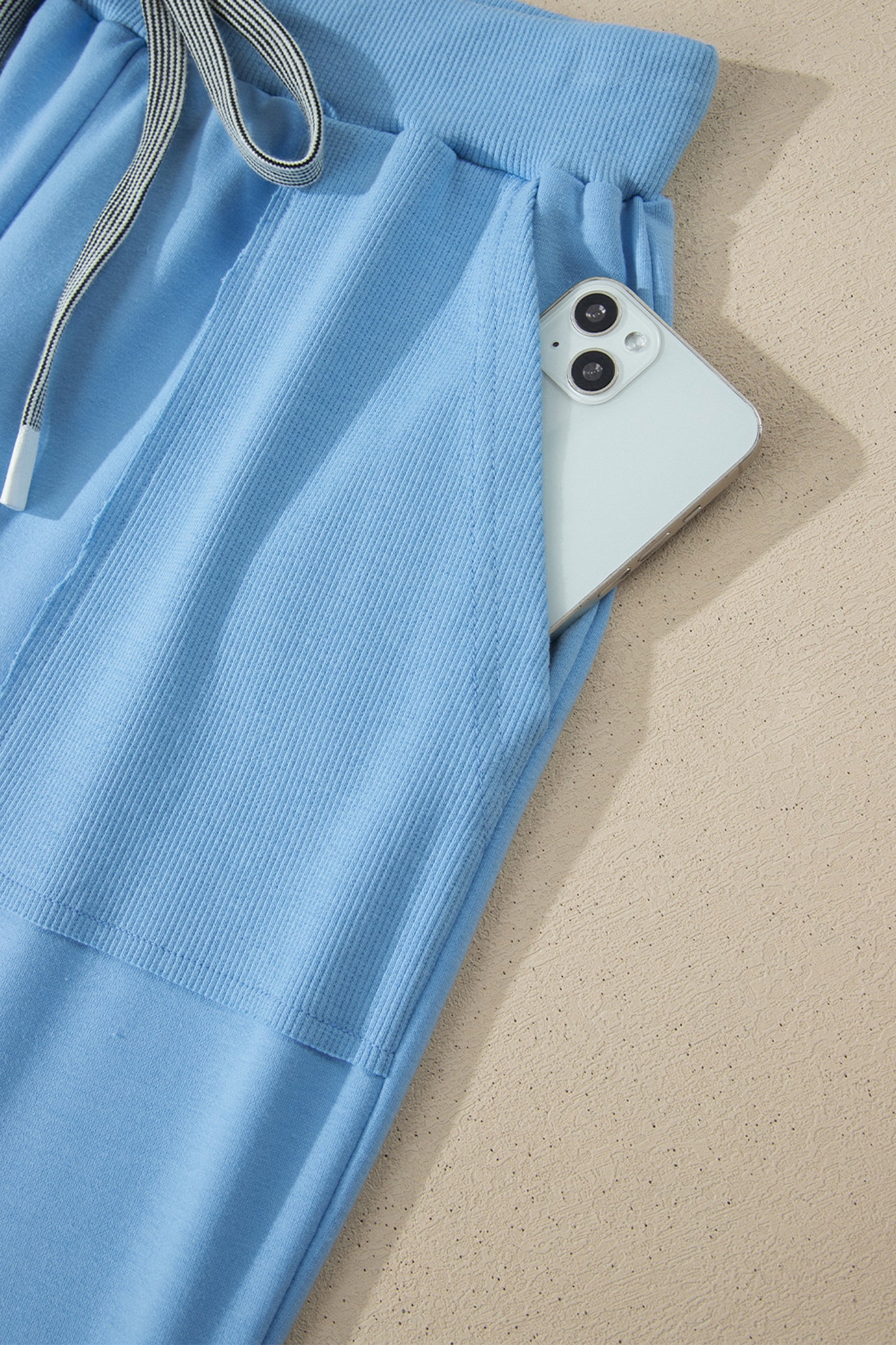 Beau Blue Solid Color V Neck Tee Drawstring Pant Set