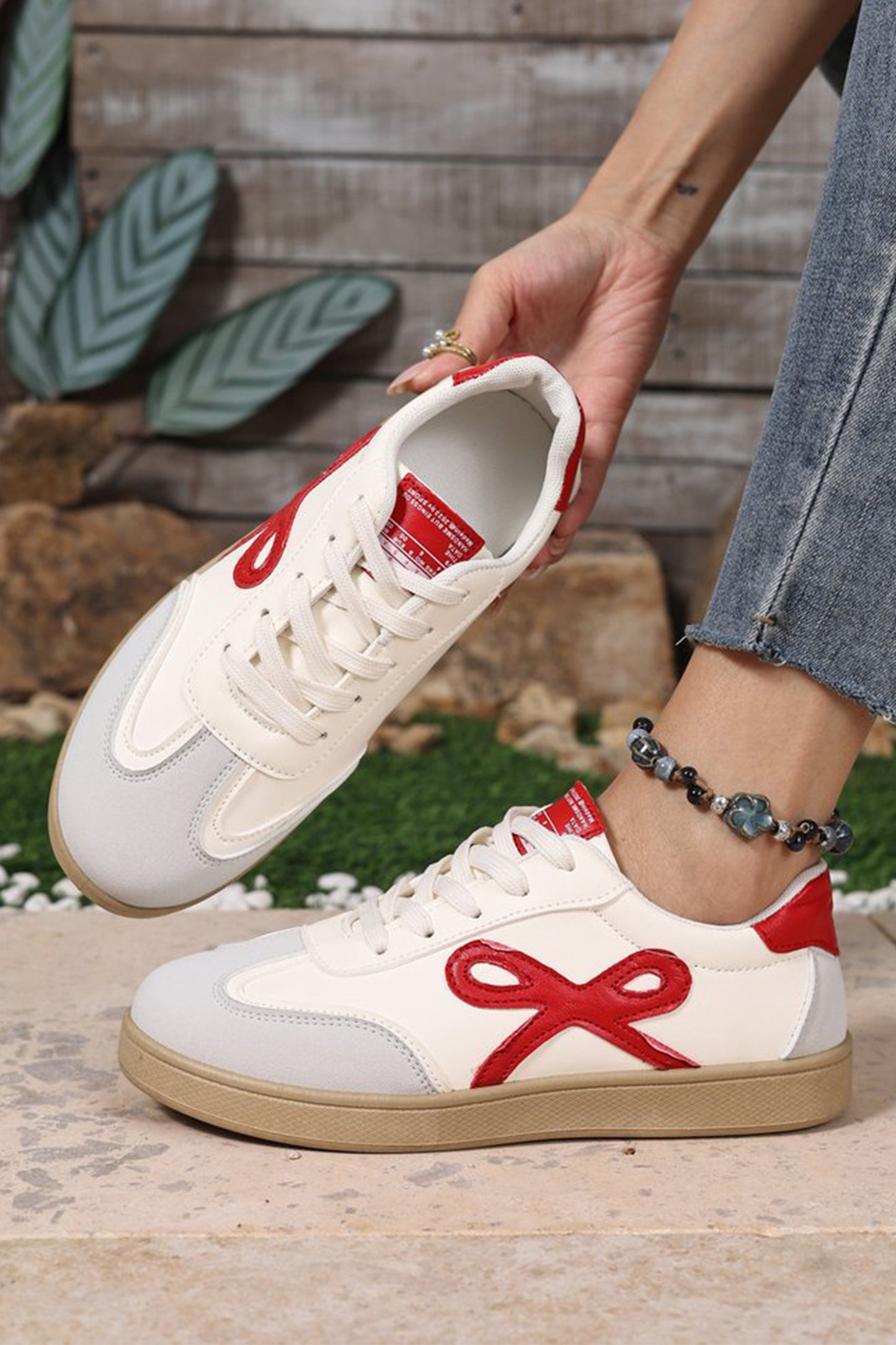 Fiery Red Cute Bow Patch Color Block PU Leather Sneakers