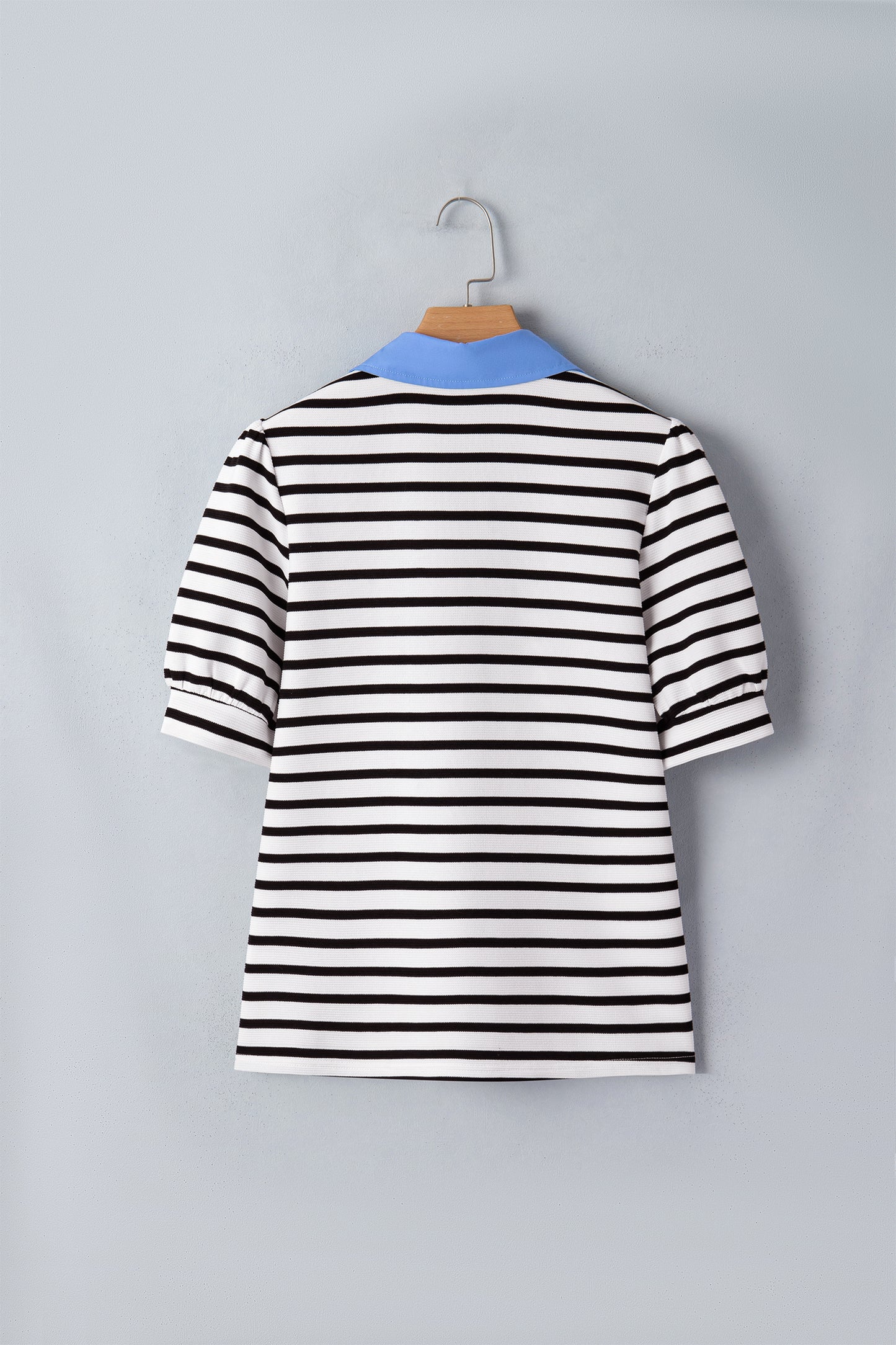 Blue Stripe Short Puff Sleeve Color Block Polo Collar Blouse