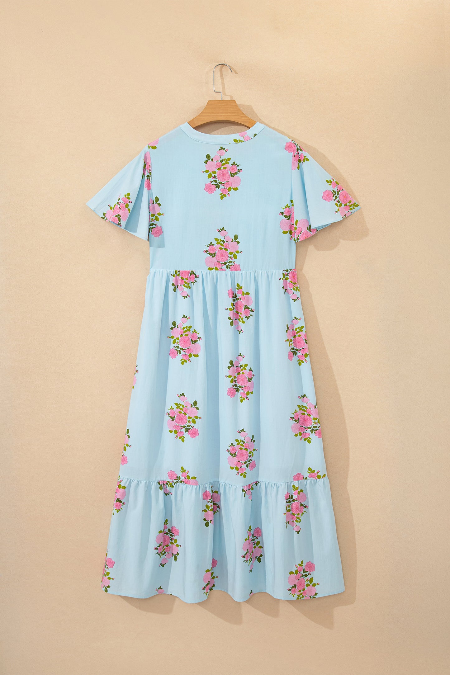 Pink Notched Neck Flutter Short Sleeve Floral Print Maxi Dress