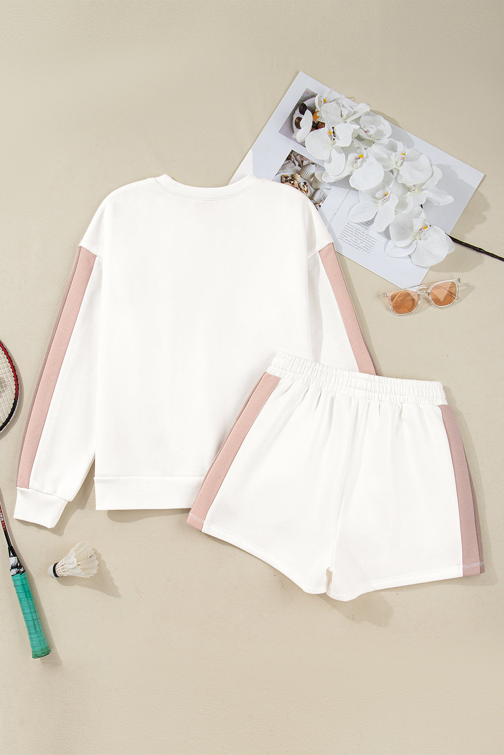 White Color Block Patchwork Drop Shoulder Pullover Casual Shorts 2pcs Outfit