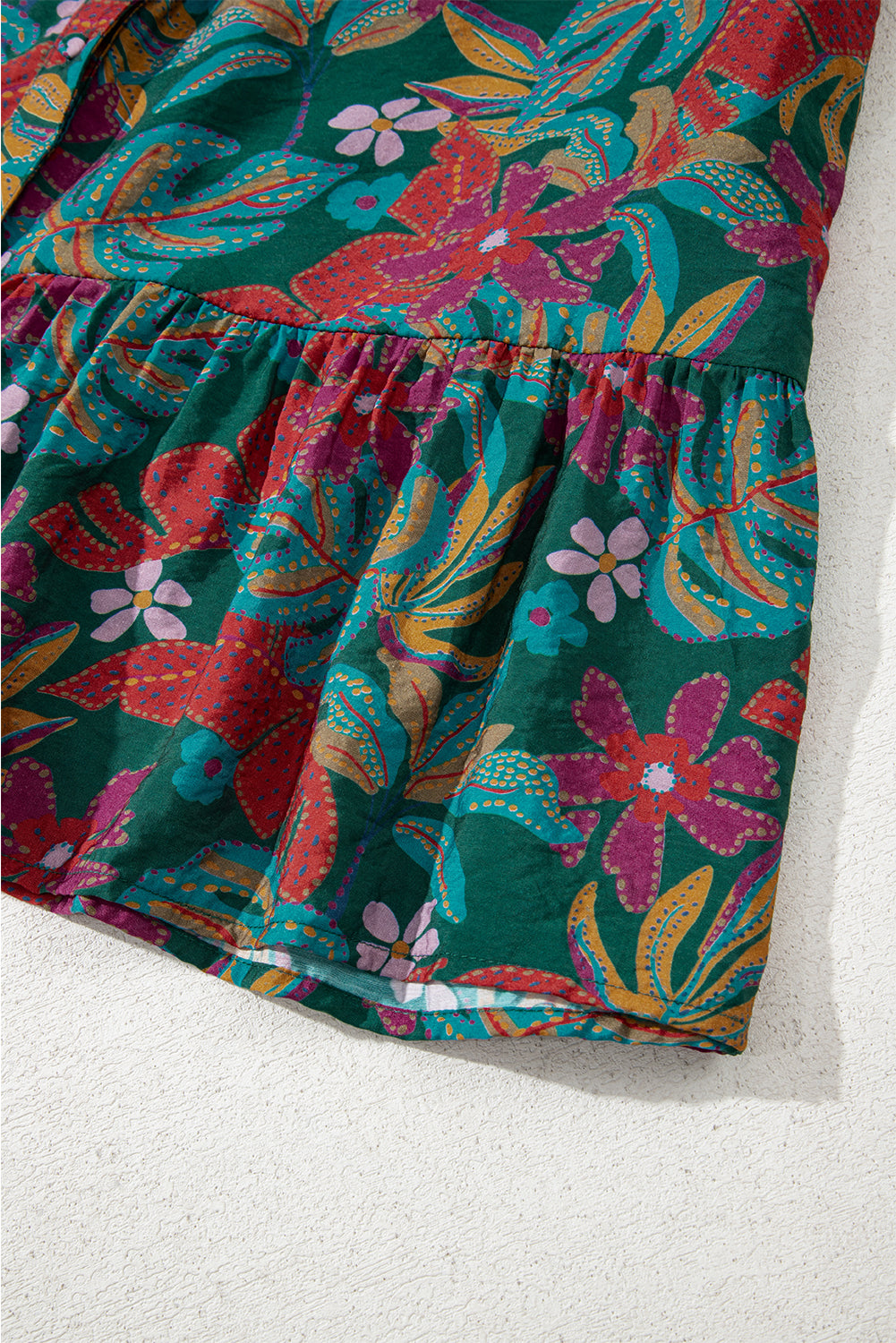 Green Floral Frill V Neck Puff Sleeve Ruffle Mini Dress