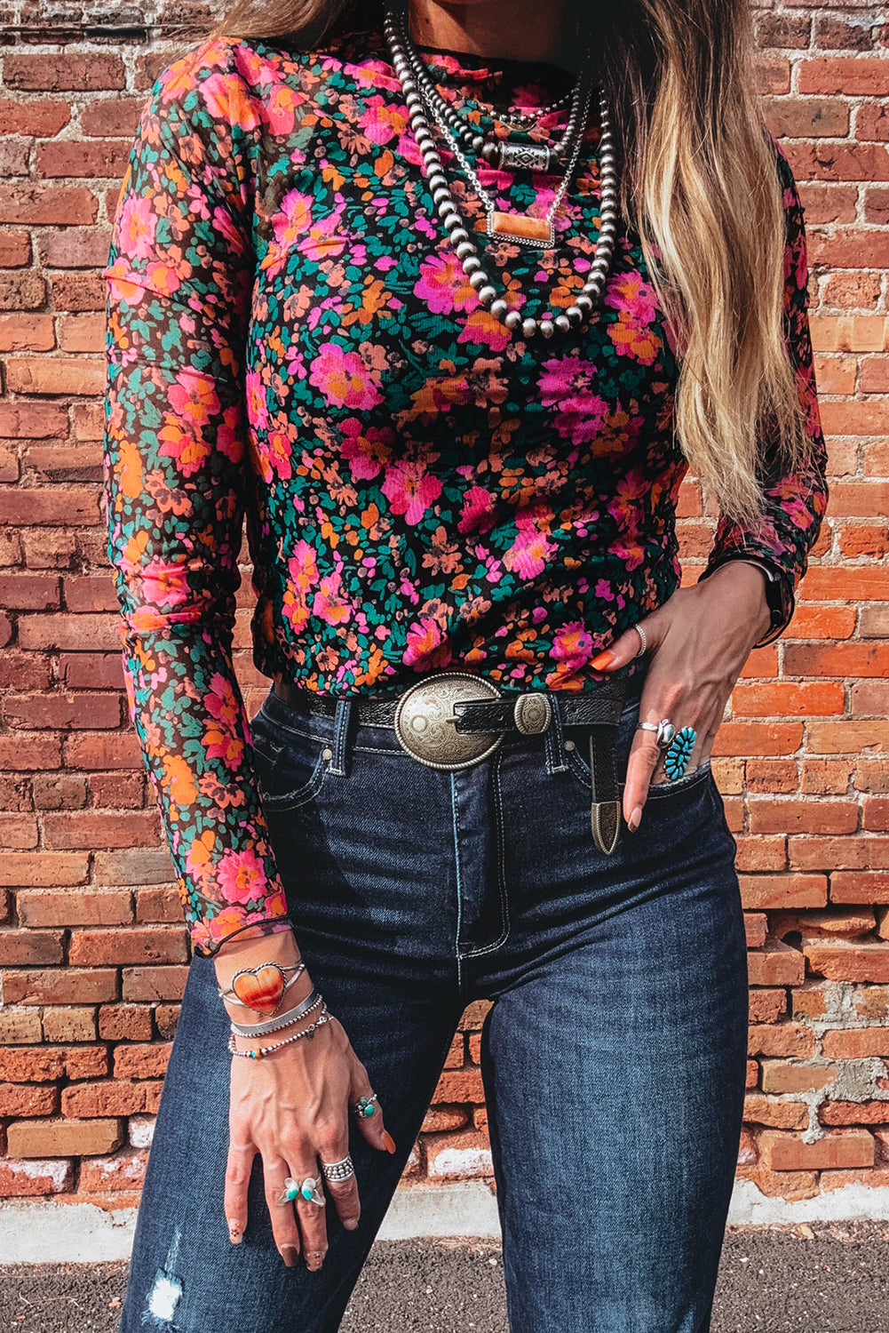 Oatmeal Western Print Slim Fit Mesh Long Sleeve Mock Neck Top