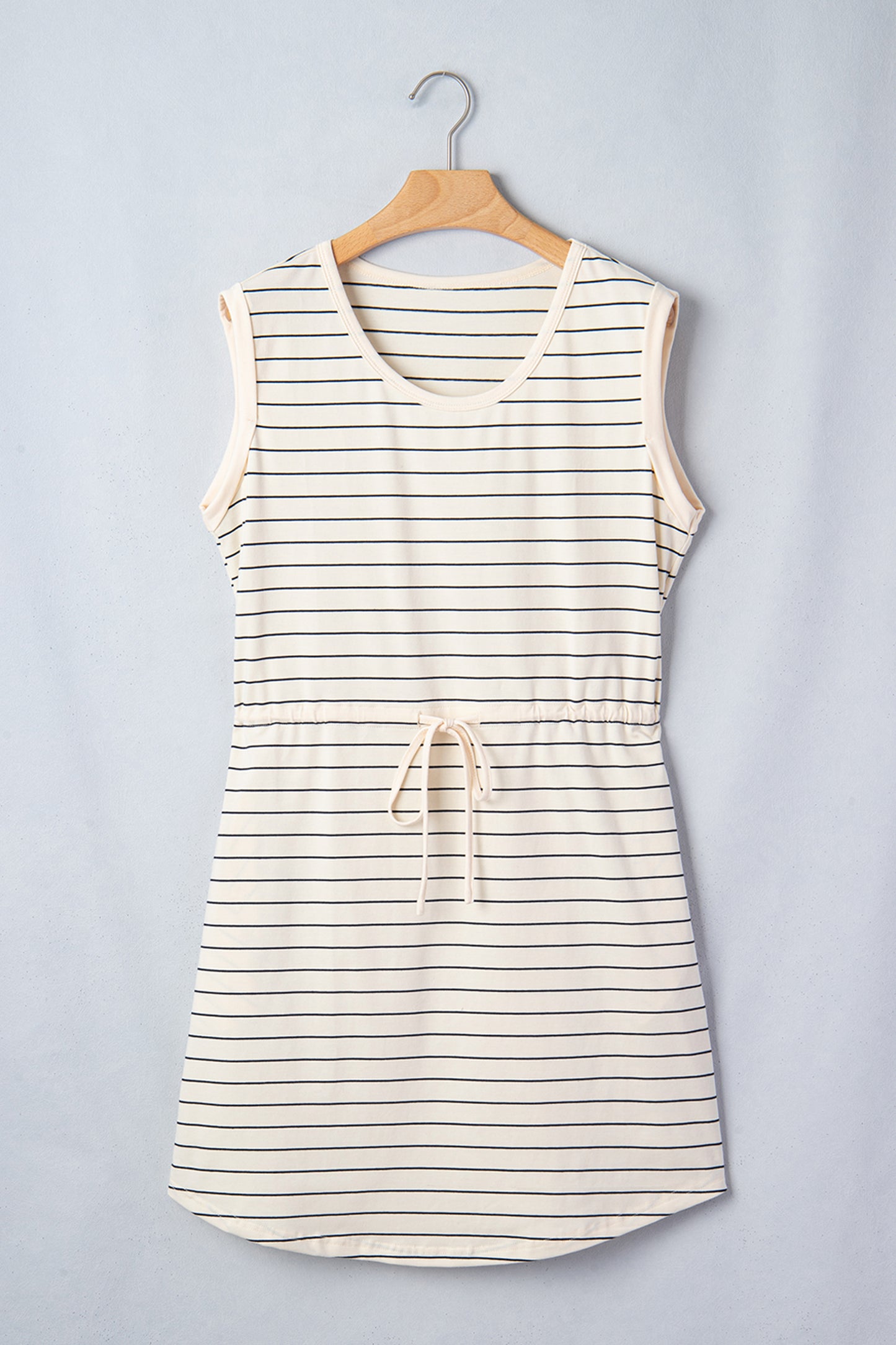 Black Stripe Drawstring Tunic Tank Mini Dress with Pockets