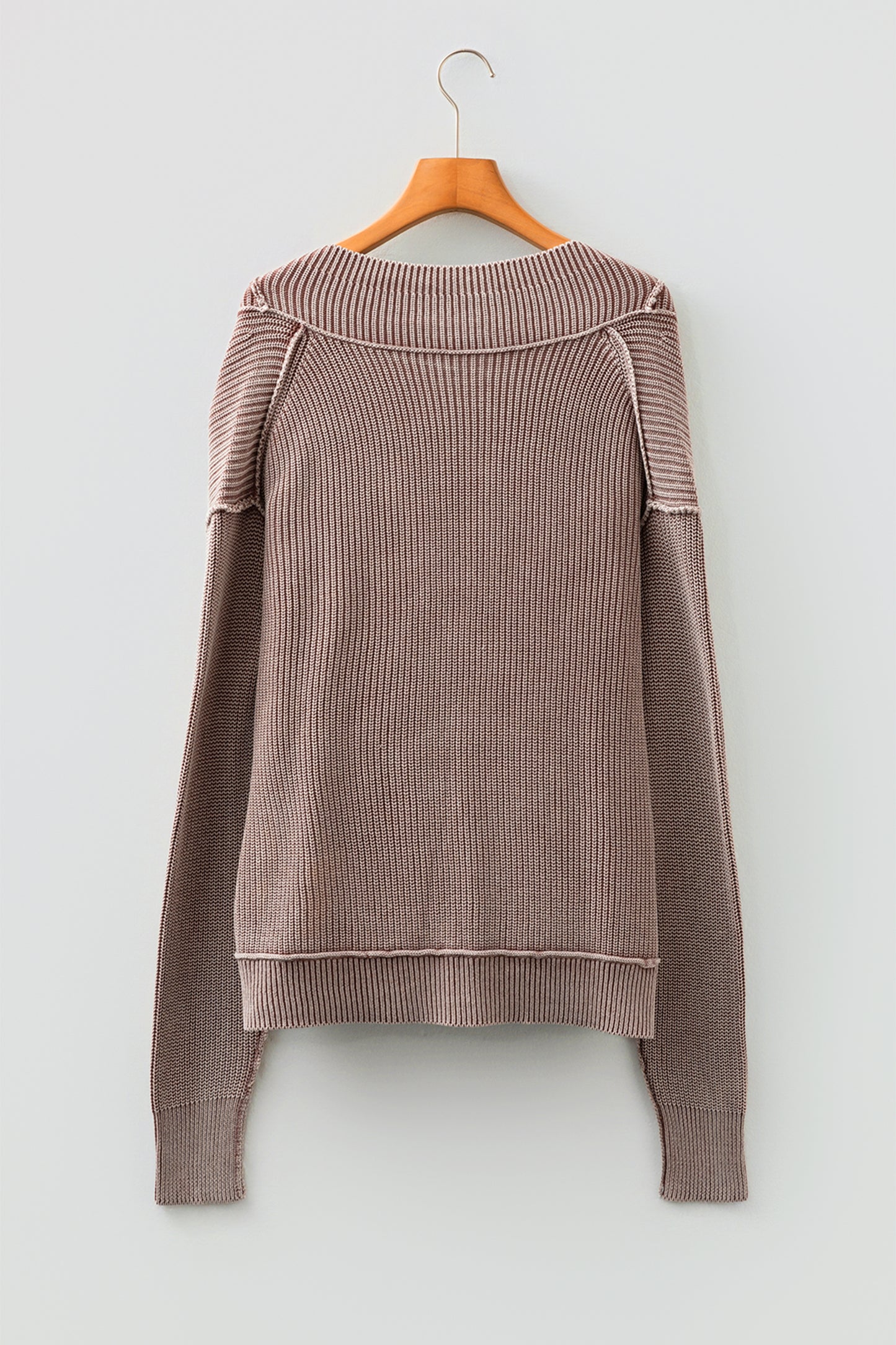 Dark Brown Mineral Wash Exposed Seam Patchwork Knit Cardigan