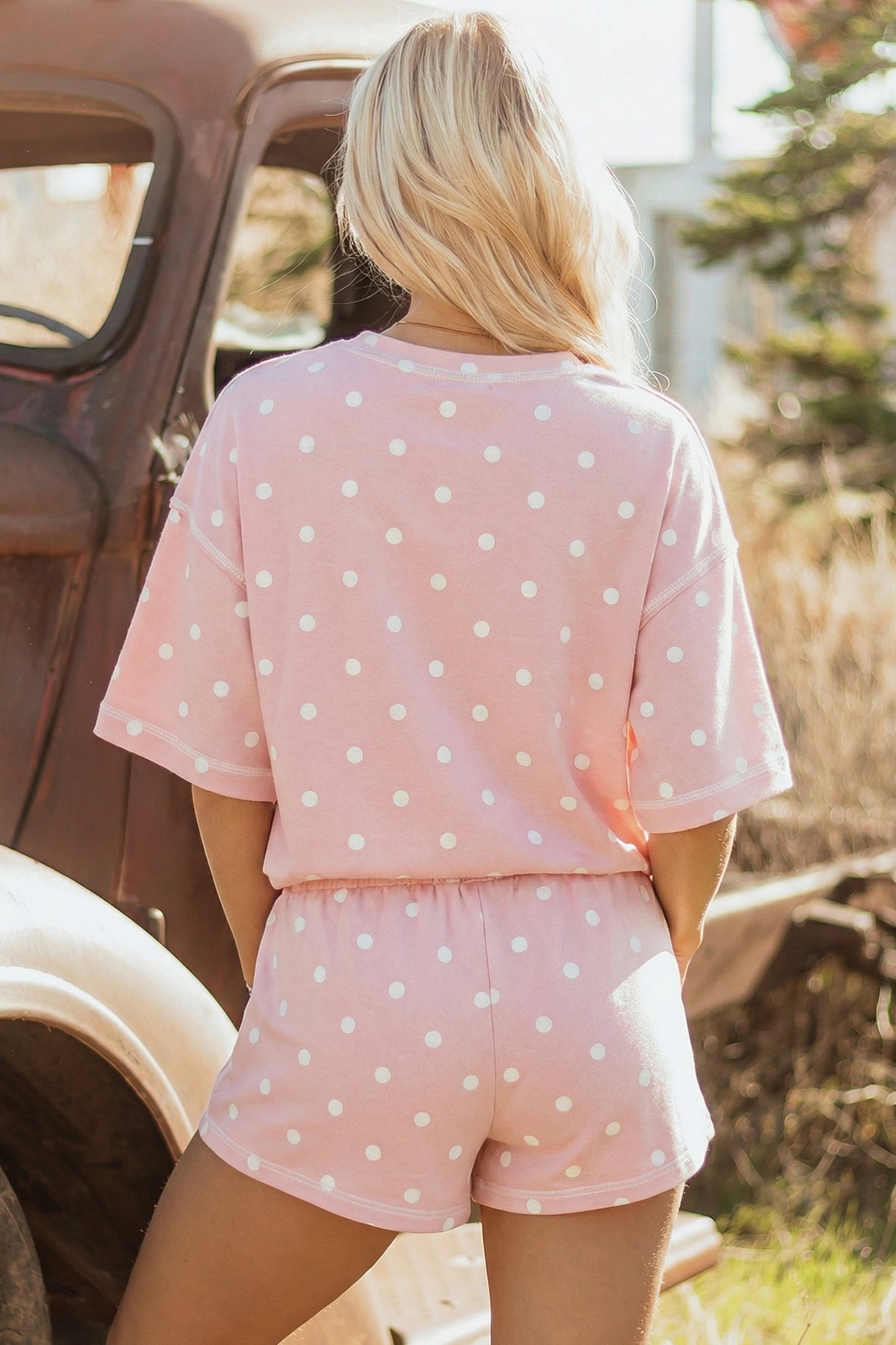 Yellow Exposed Seam Detail Polka Dot Loose Tee Drawstring Shorts Set