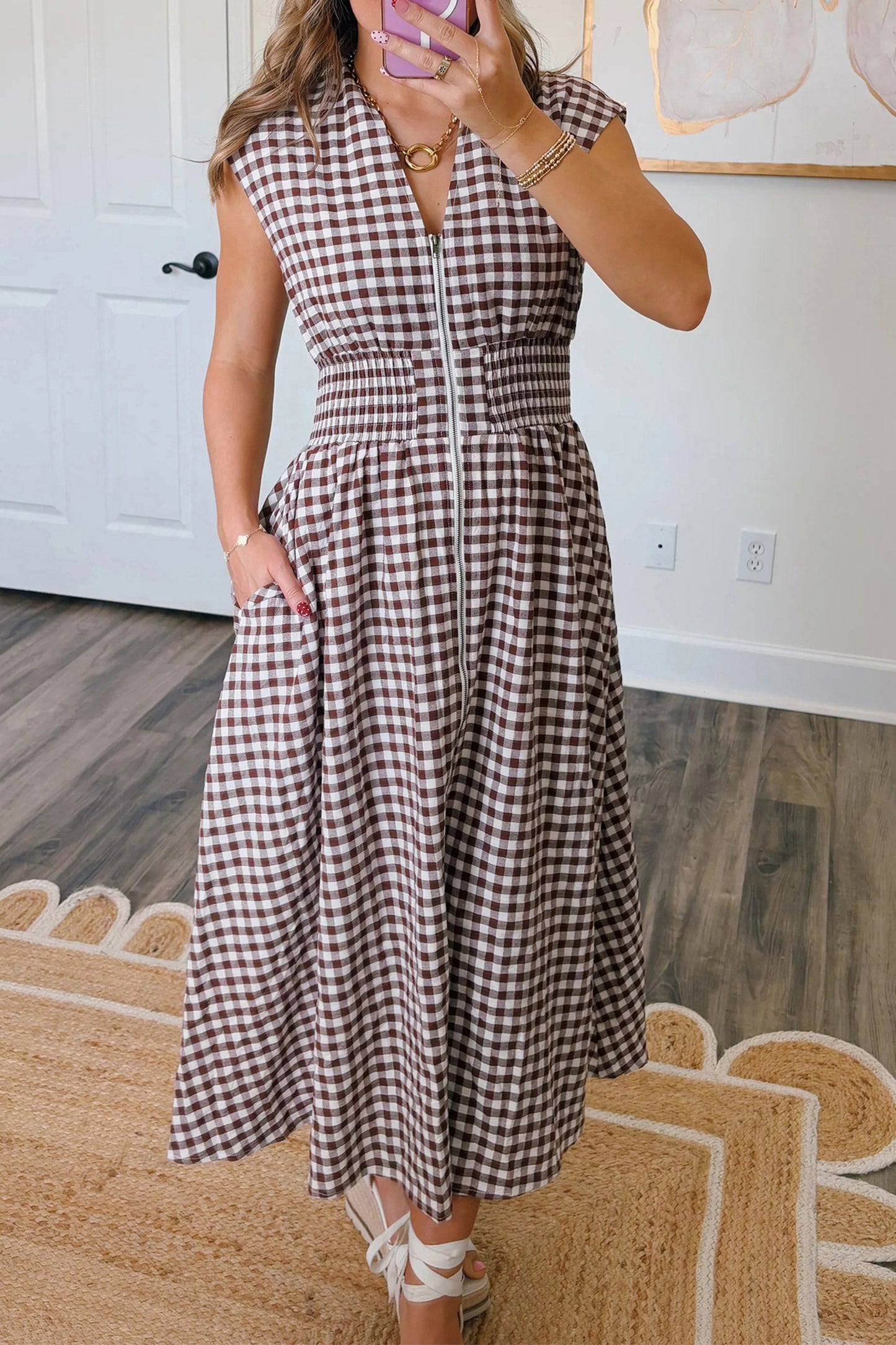 Coffee Plaid Print Full Zipper Cinched Waist Fit Flare Sleeveless Maxi Dress