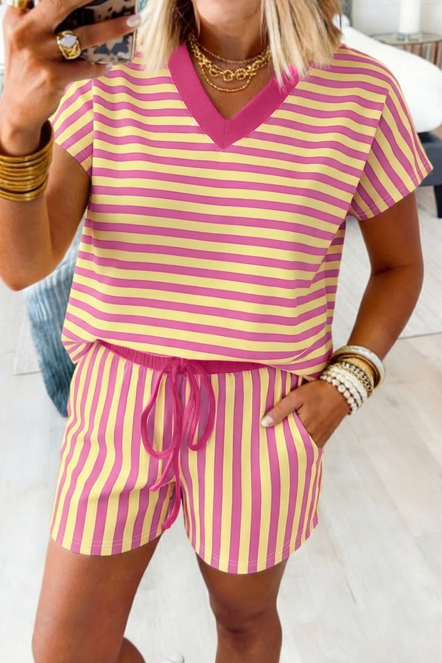 Yellow Stripe Colorblock Trim V Neck Tee Drawstring Elastic Waist Short Set