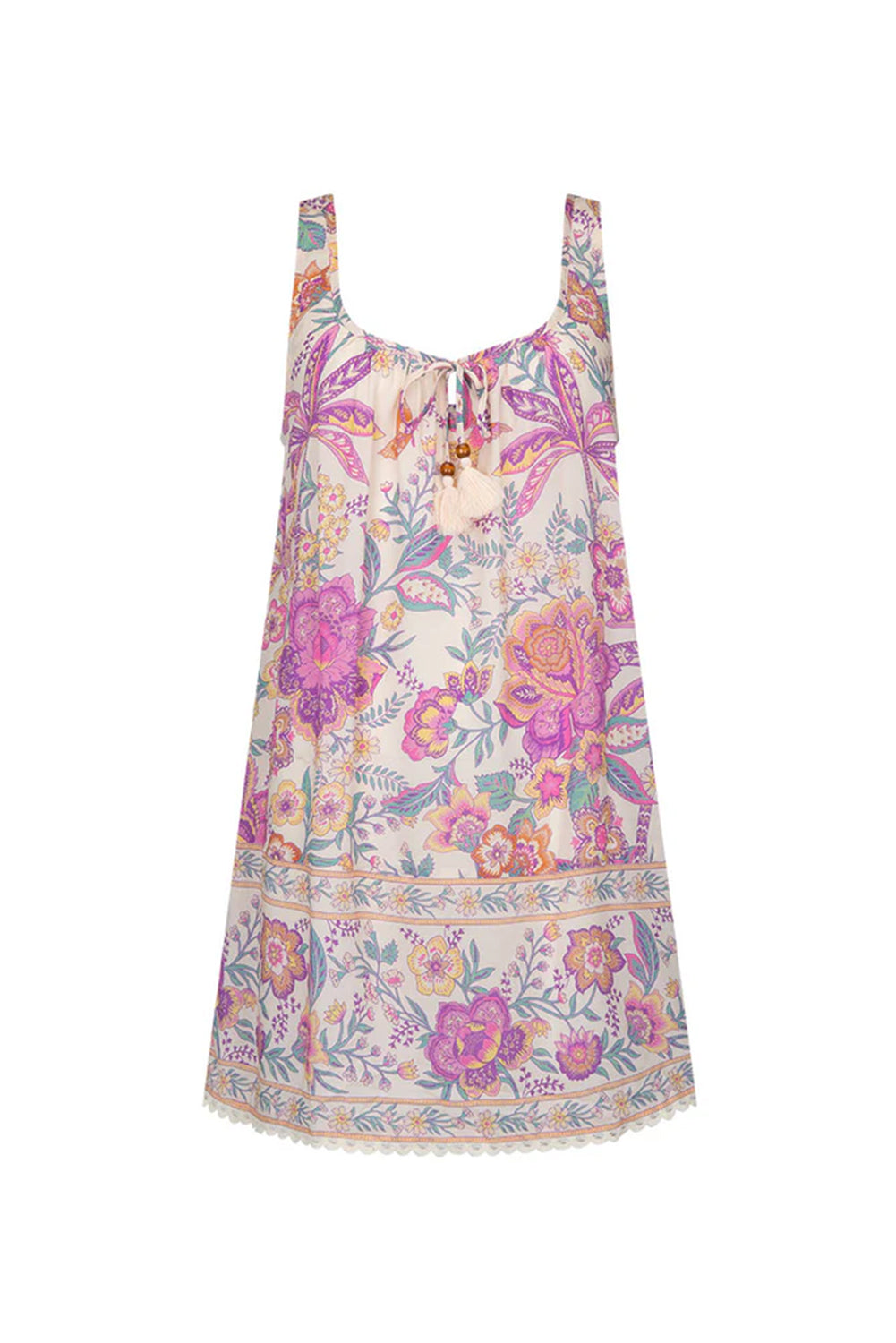 Multicolour Boho Floral Tassel Tie U Neck Mini Dress
