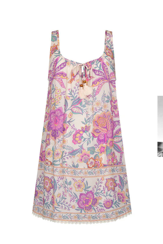 Multicolour Boho Floral Tassel Tie U Neck Mini Dress