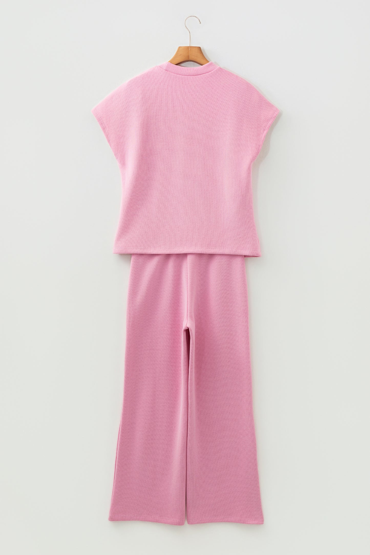 Pink Textured Knit High Neck Loose Tee Elastic Waist Loose Pant Set