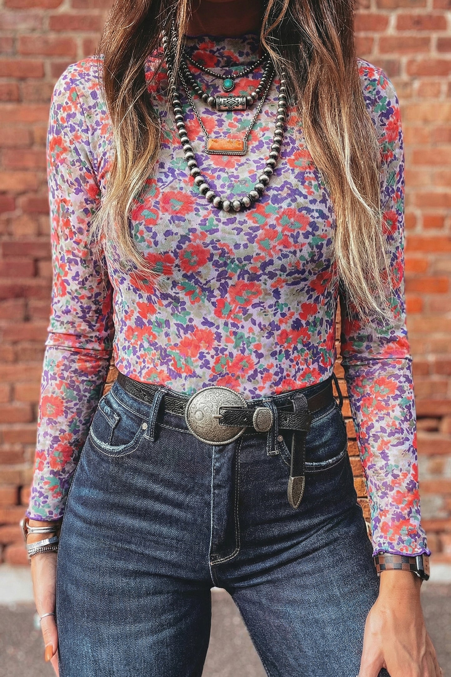 Oatmeal Western Print Slim Fit Mesh Long Sleeve Mock Neck Top