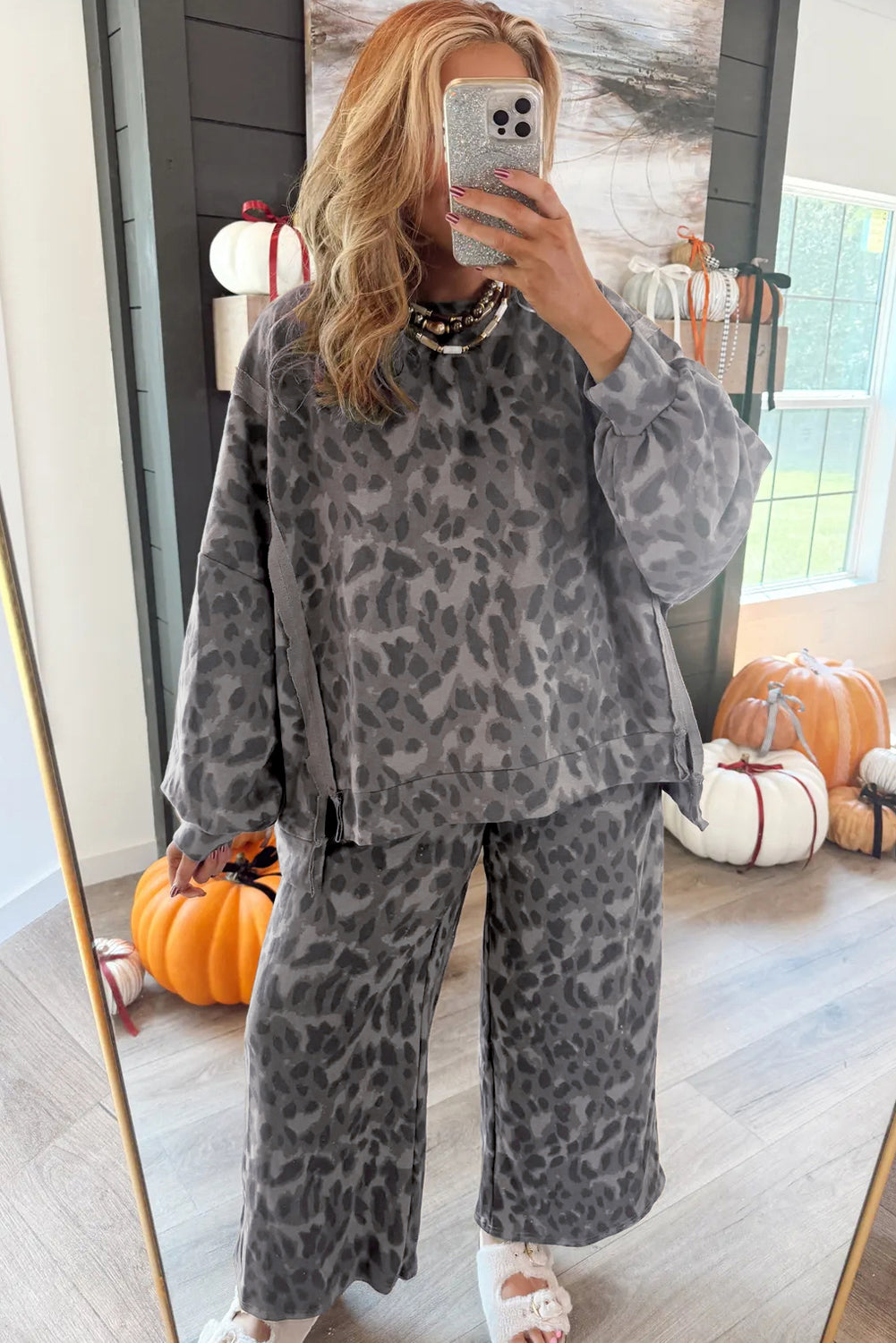 Gray Allover Leopard Print Pullover Drawstring Loose Pants Set