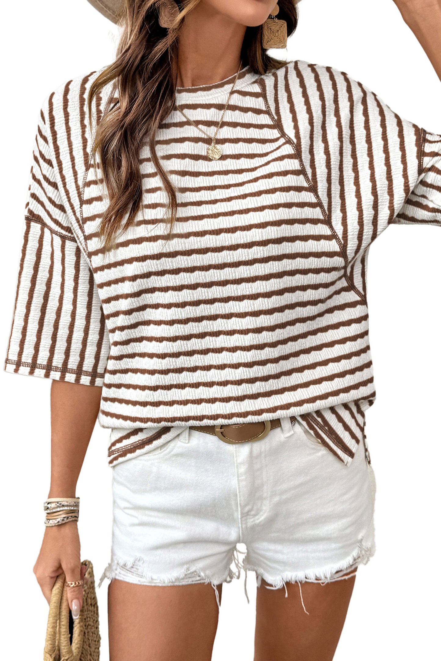 Blue Stripe Textured Knit Split Hem Half Sleeve Loose Top