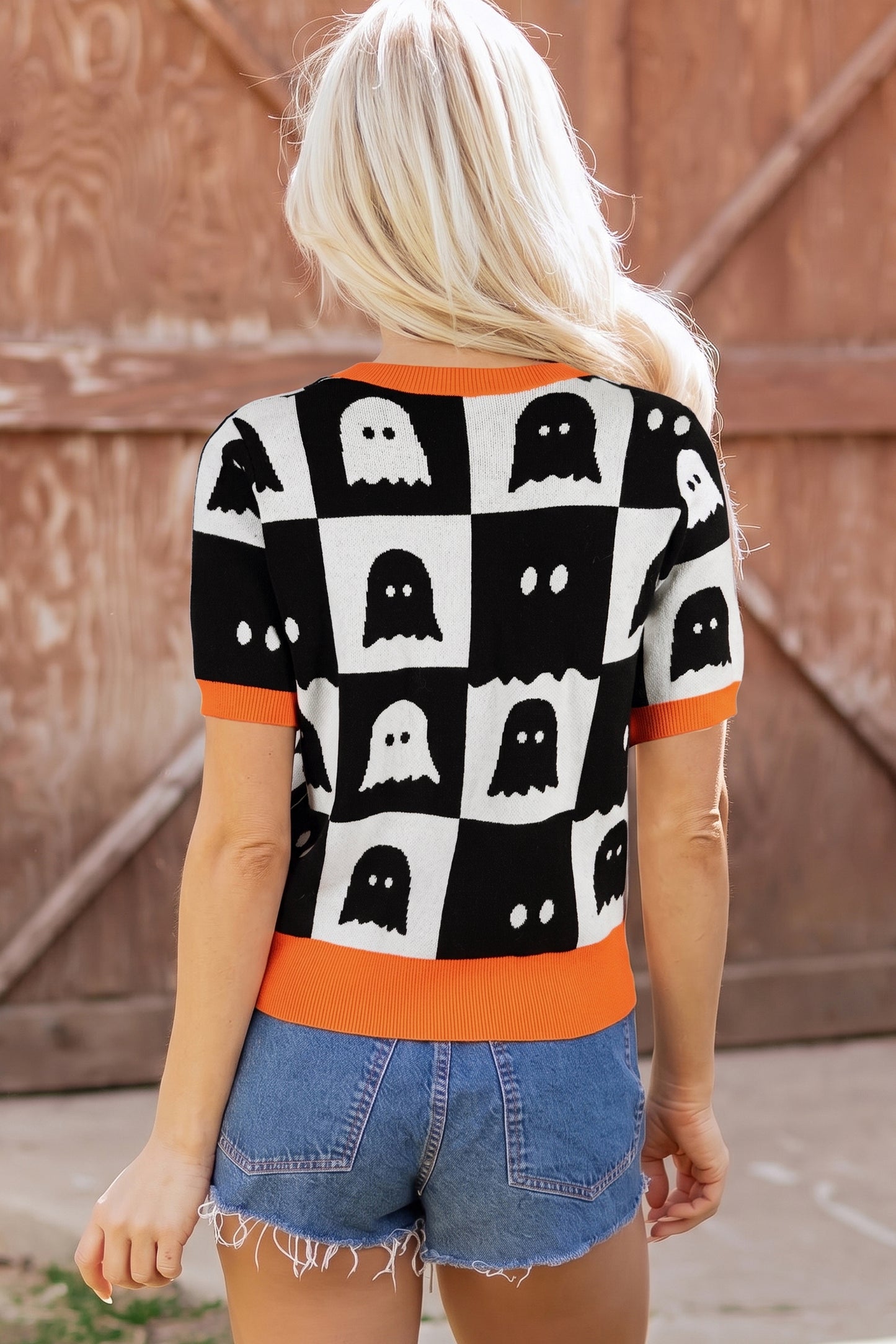 White Geometric Ghost Color Block Trim Short Sleeve Knit Sweater