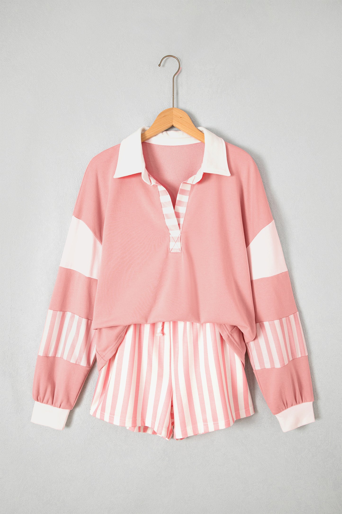 Smoke Green Striped Color Block Pullover Top Drawstring Shorts Set