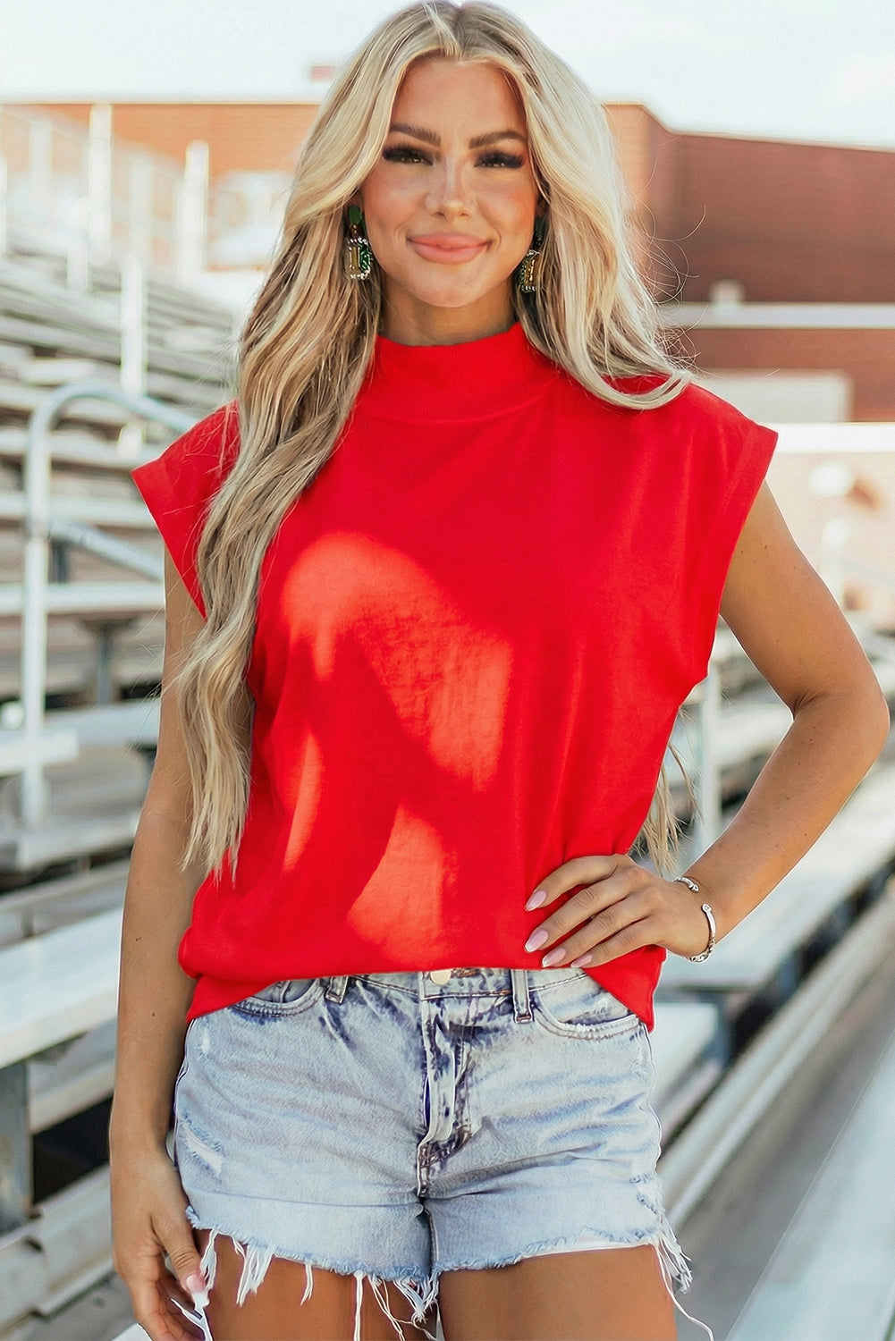 White Solid Color High Neck Cap Sleeve Loose Top