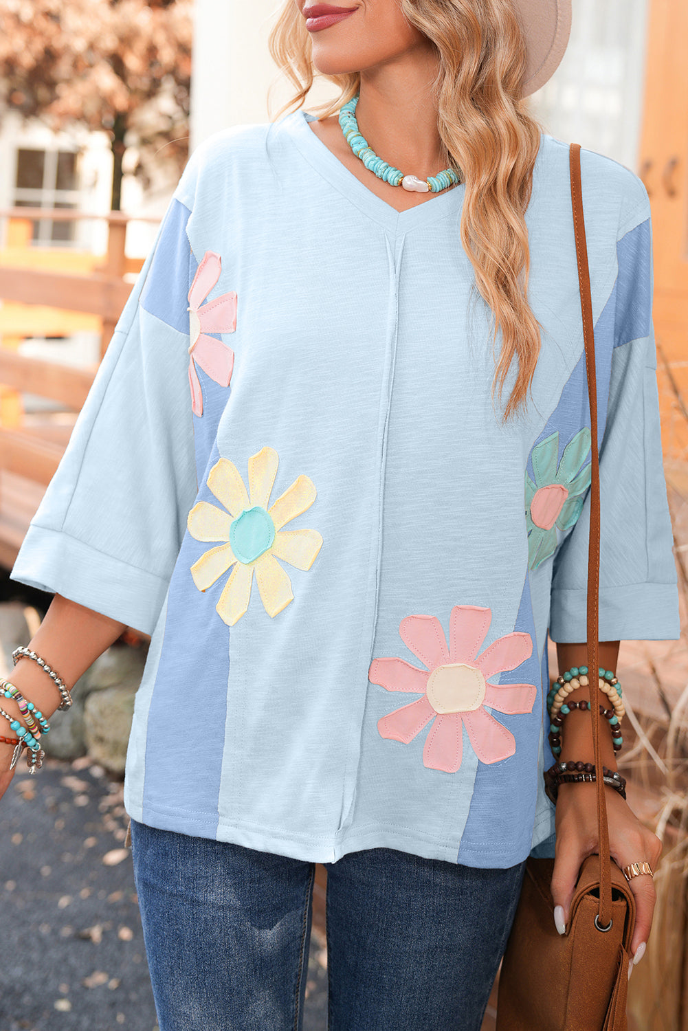 Light Blue Flower Patched Exposed Seam 3/4 Sleeve top