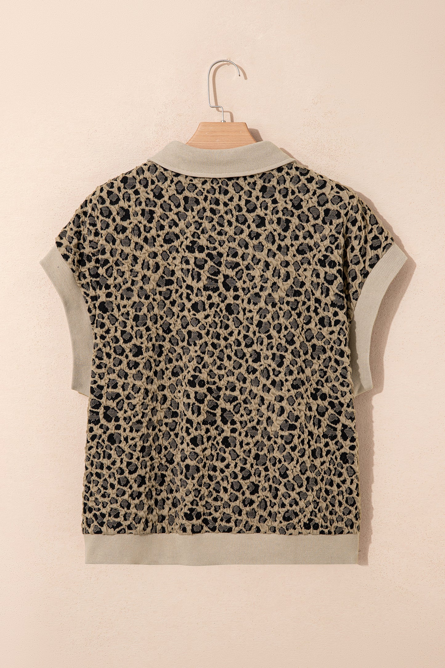 Beige Ribbed Patchwork Collar Cuffed Sleeve Leopard Plus Top