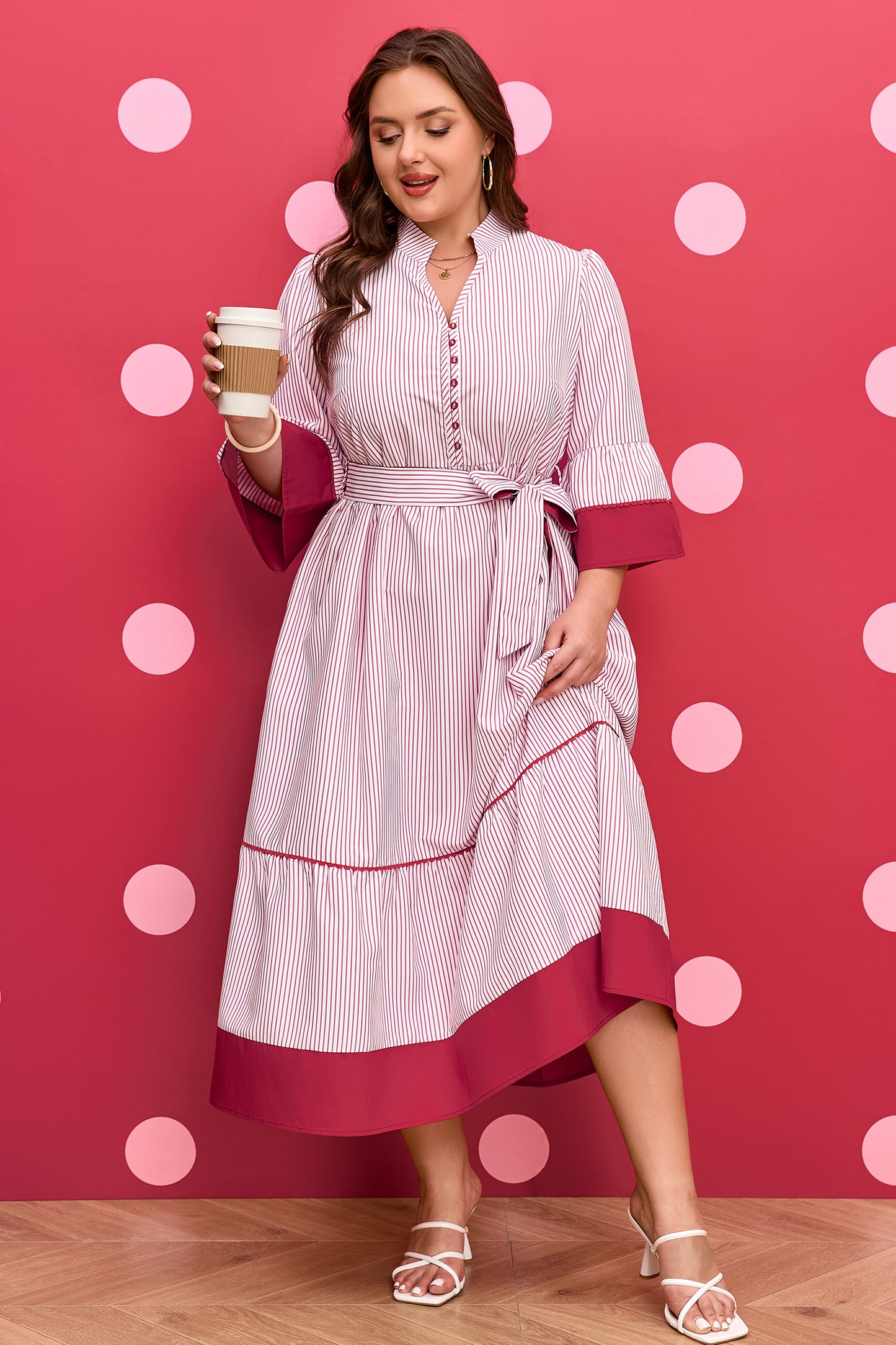 Red Stripe Plus Size Ruffled Hem Pinstriped Midi Dress